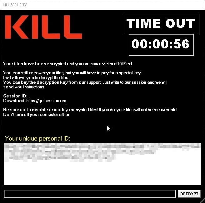 The image depicts a screenshot of a KillSec ransom note.