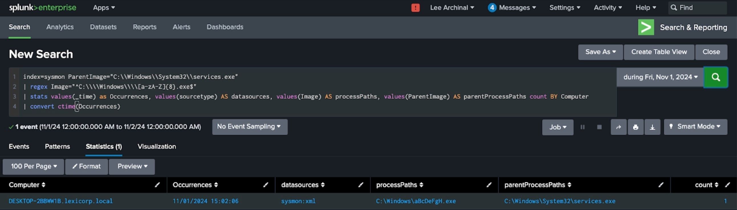 A screenshot showing the querying of sysmon logs in Splunk for PsExec activity.