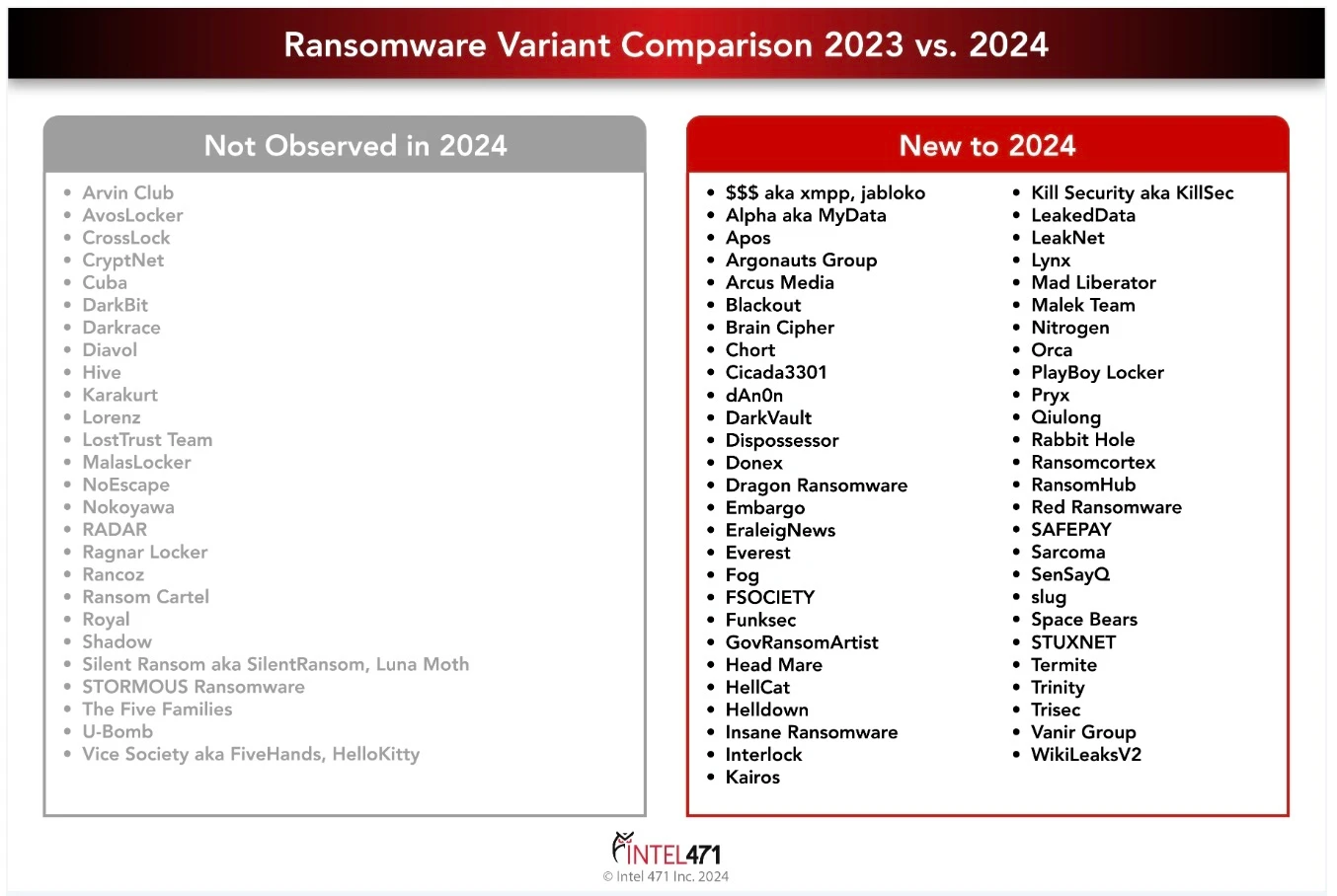 The image depicts new ransomware variants observed and variants not observed in 2024.