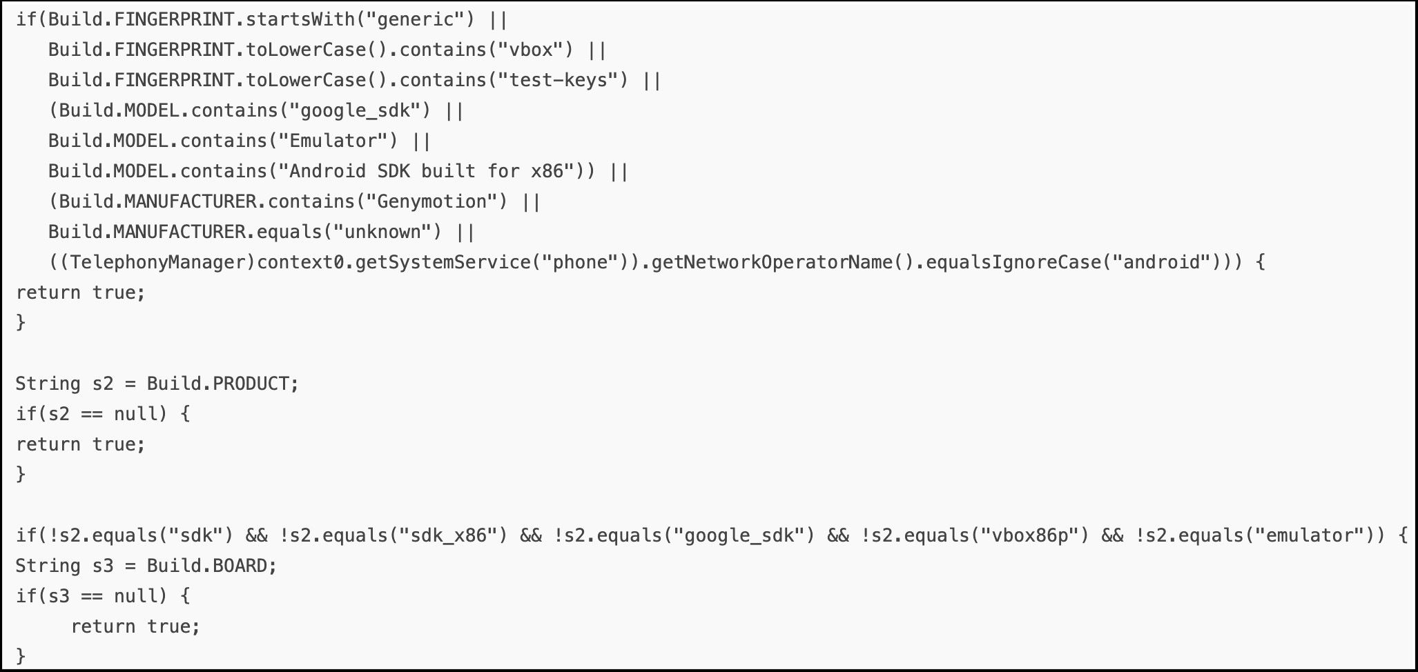 The image depicts the emulator detection routine through device build properties in the new TgToxic versions Nov. 26, 2024.