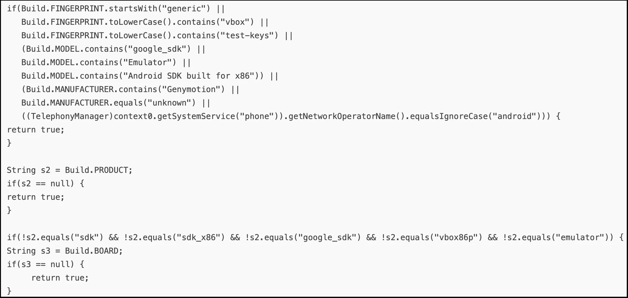 The image depicts the emulator detection routine through device build properties in the new TgToxic versions Nov. 26, 2024.