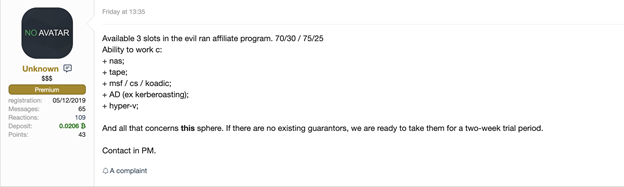 Recruitment posting for REvil from 2020