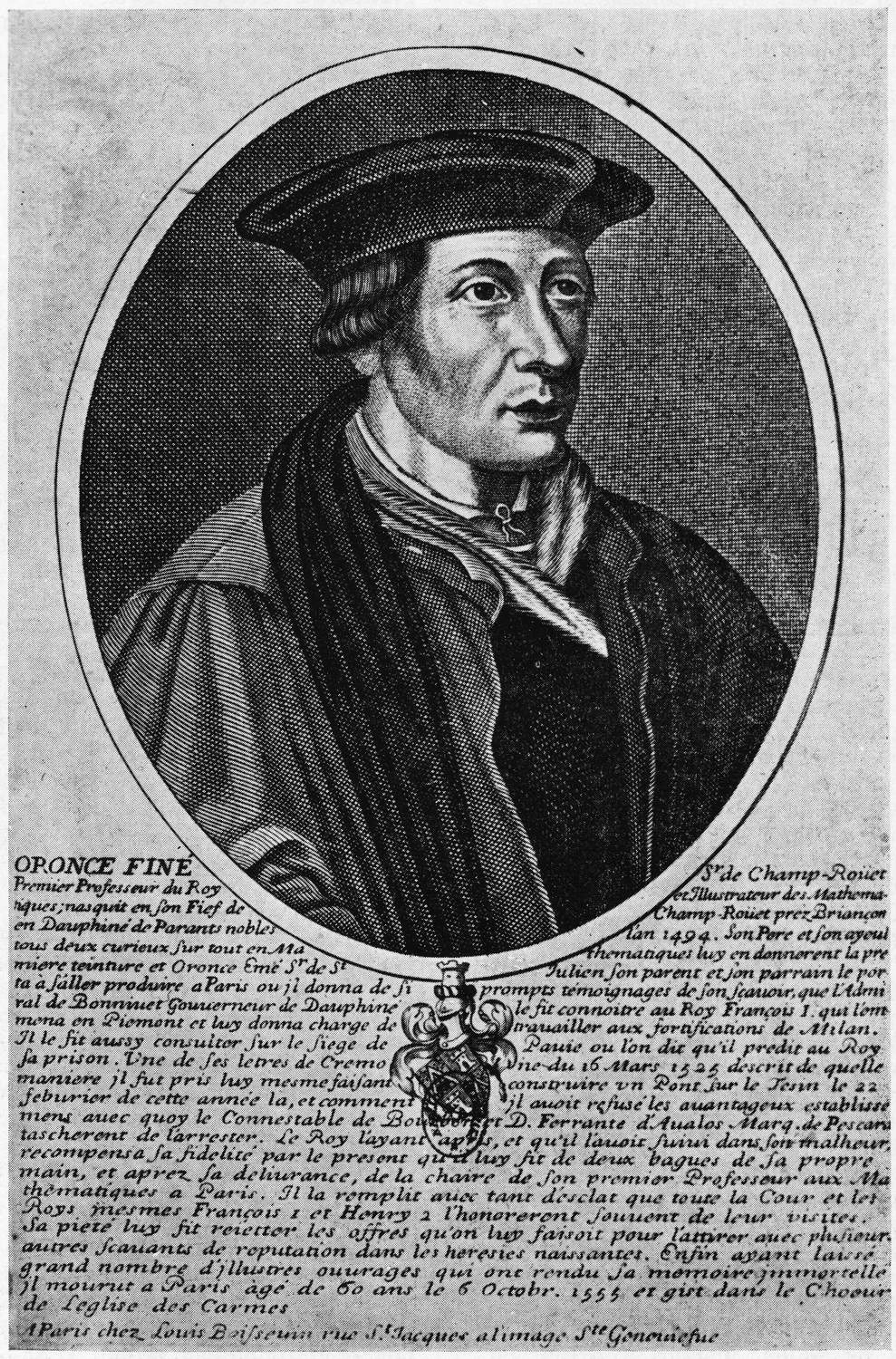 Black and white portrait of Oronce Fine in an oval frame with text beneath the portrait. Oronce Fine is a man with short dark hair, wearing a hat and robes.