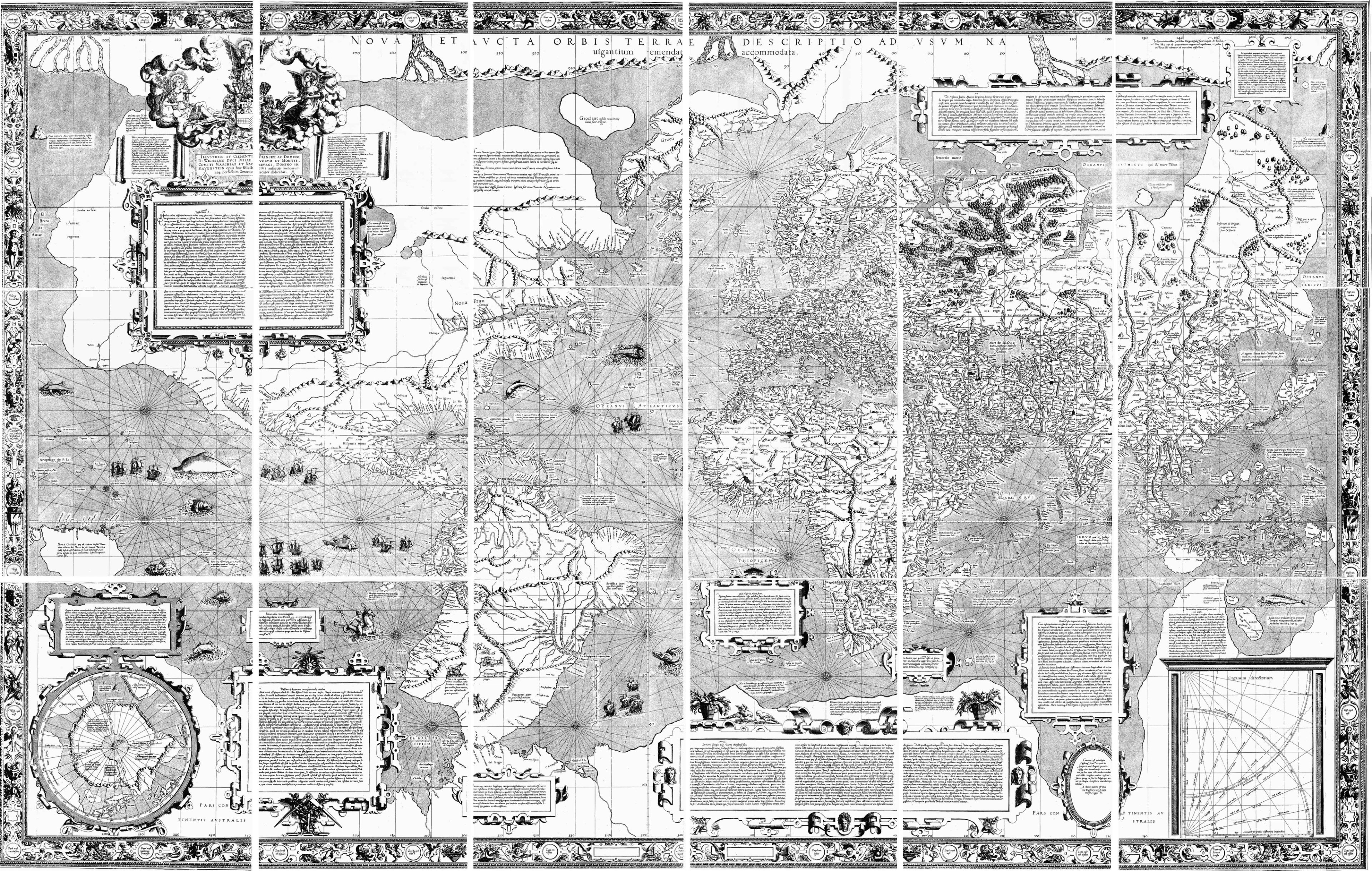 Black and white composite (facsimile) copy of Gerard Mercator's 1569 World map on 18 sheets