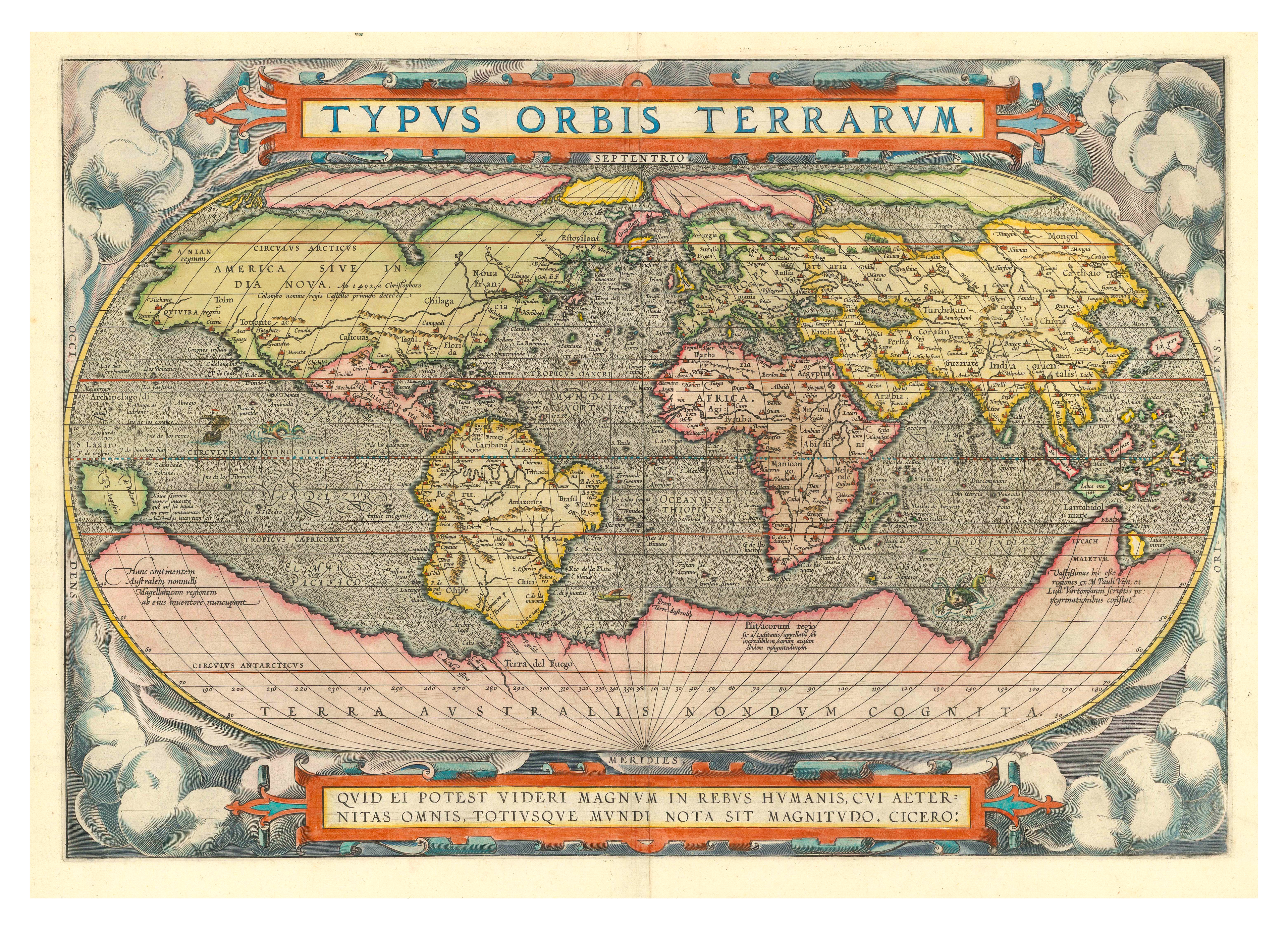 Preview of Ortelius' world map, the map is surrounded by illustrations of clouds and has text at the top which reads: Typus Orbis Terrarum.