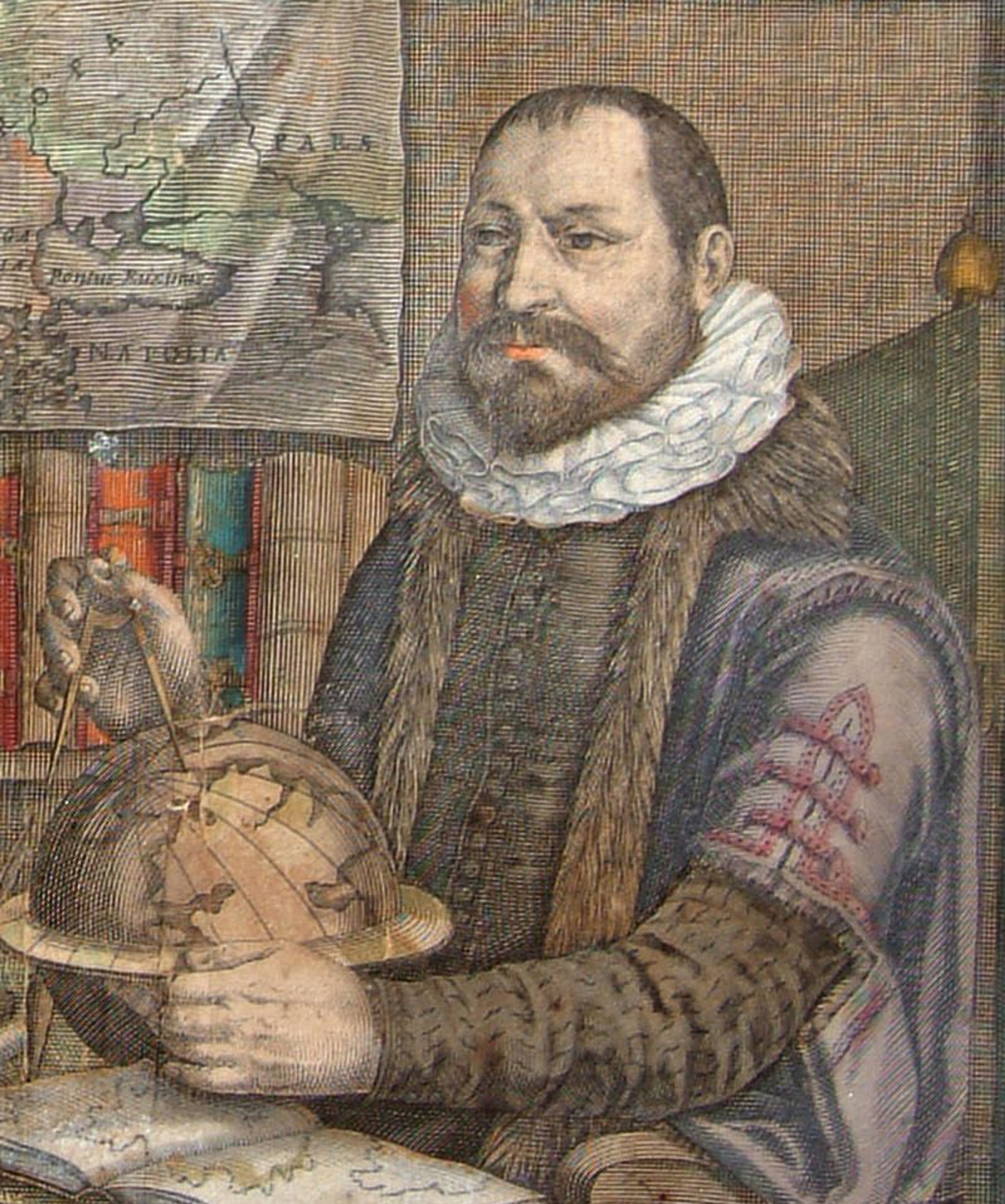 A colourful portrait of Jodocus Hondius I, a man, sat in front of an open book, a globe and holding a compass in his right hand over the globe.