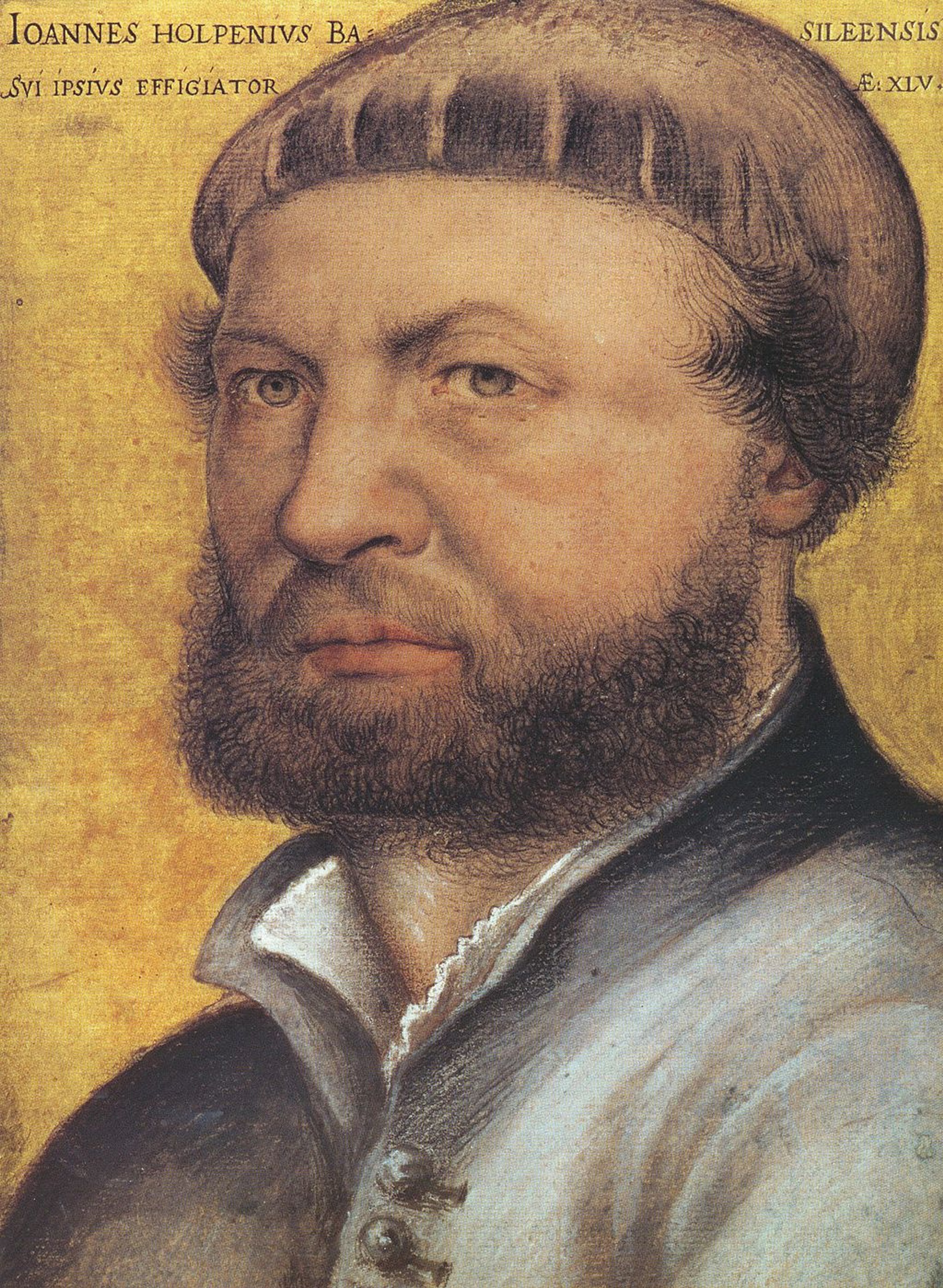 Colourful portrait of Hans Holbein, a man with a beard and wearing a headdress.