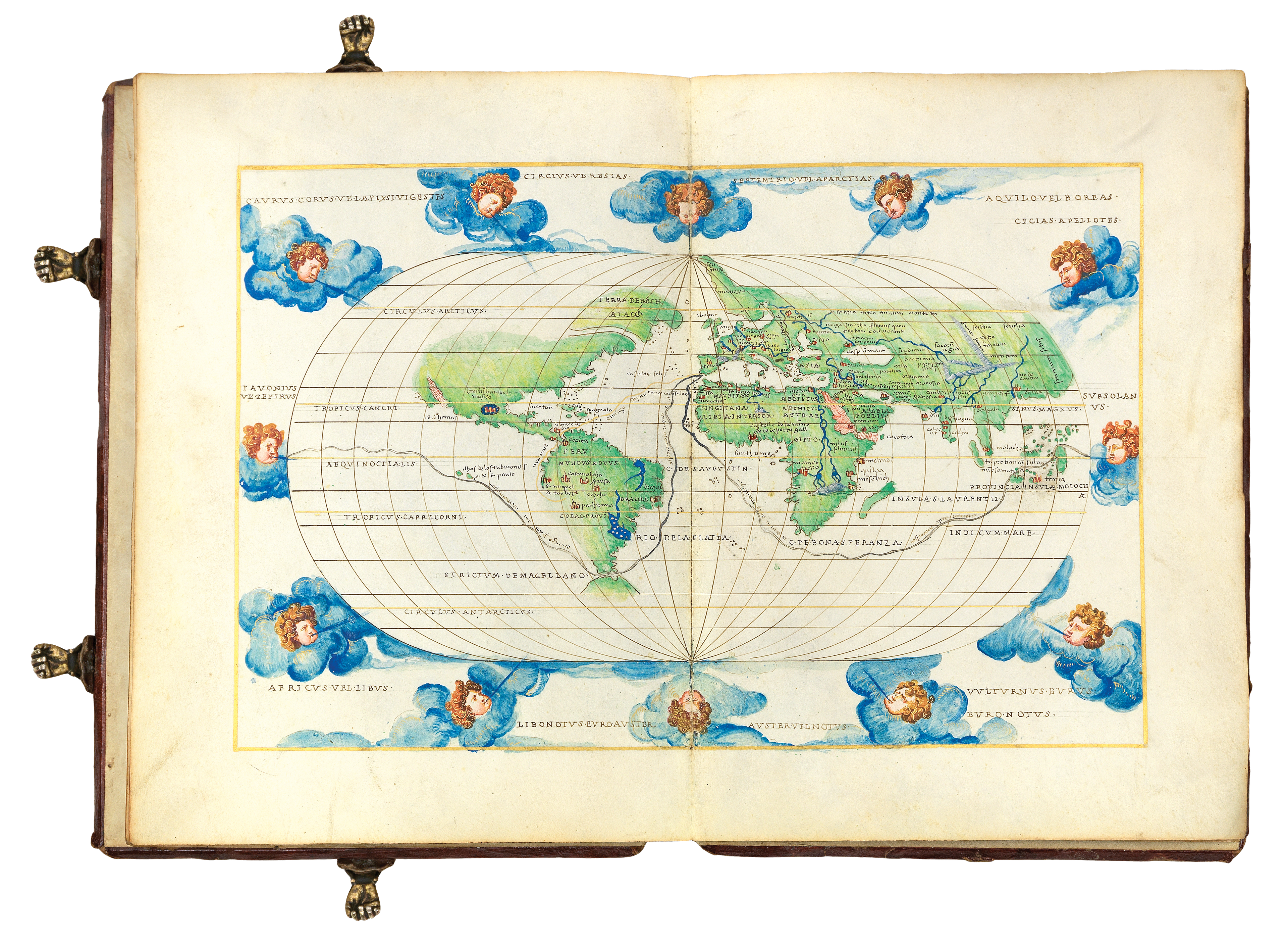 World map from portolan atlas, the Harisse Codex, with 12 Windheads surrounding the Earth.