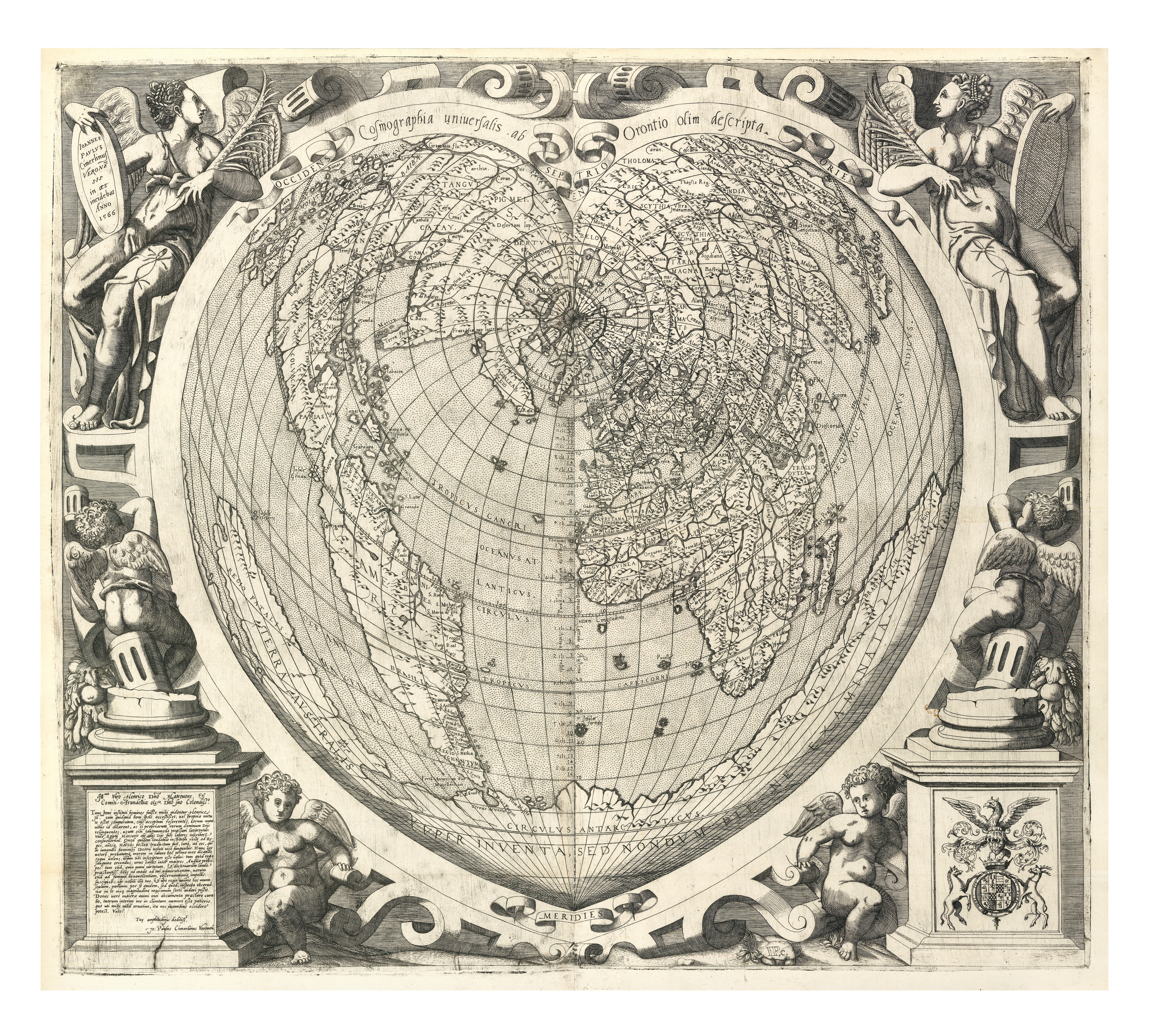 A black and white intaglio engraving of the world on a truly heart-shaped projection and in black and white. Surrounding the earth are cherubs, angels, and architectural elements such as pedestals.