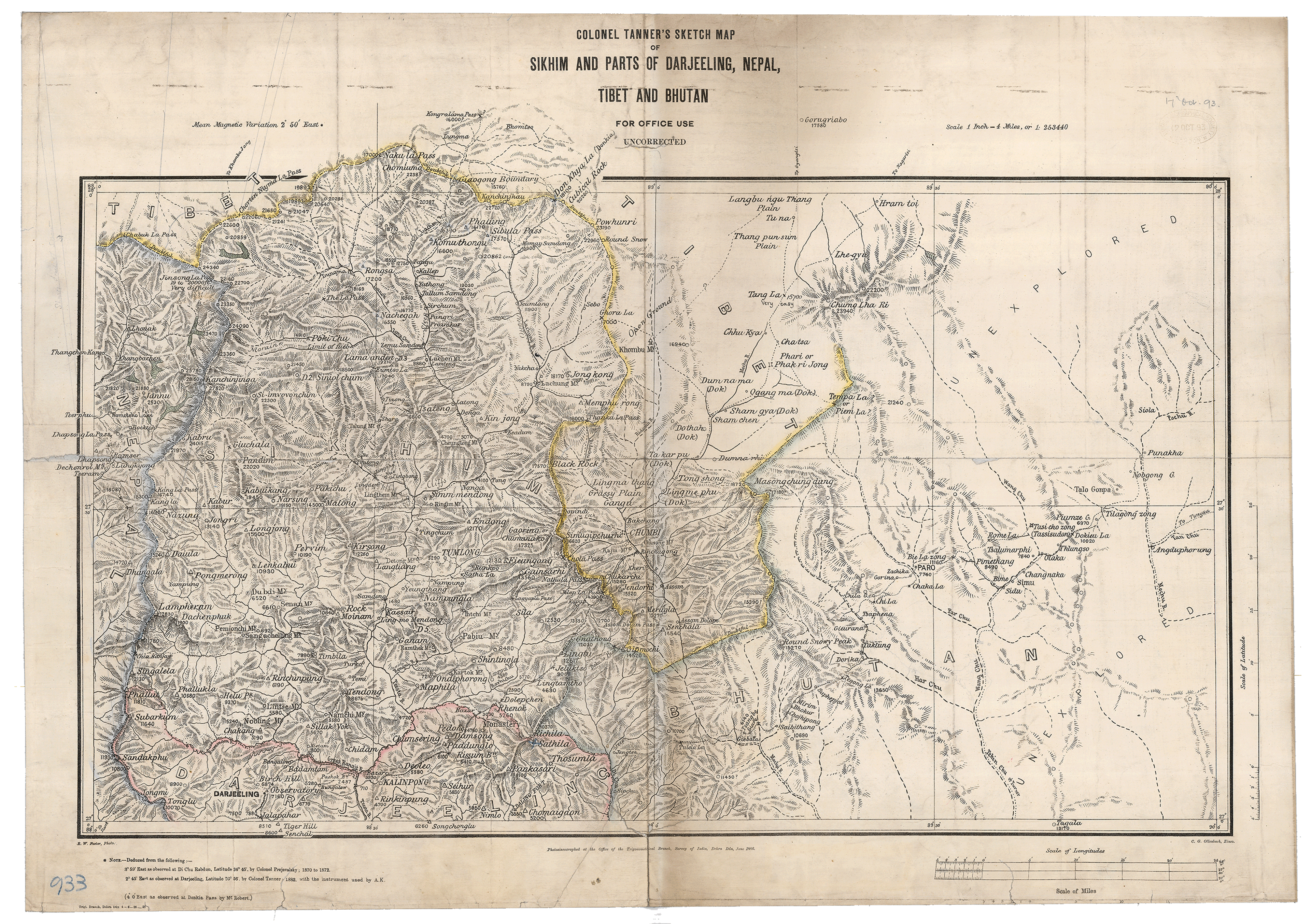 A very detailed landscape map of north western Indian states of Sikkim and Darjeeling, and the surrounding countries of Nepal, Tibet and Bhutan. The area is mountainous so there is lots of dense topographical detail, however over to the east of the map there are 'unexplored' lands which have less detail. The map is mostly black and white but political divisions have been outlined in colour.