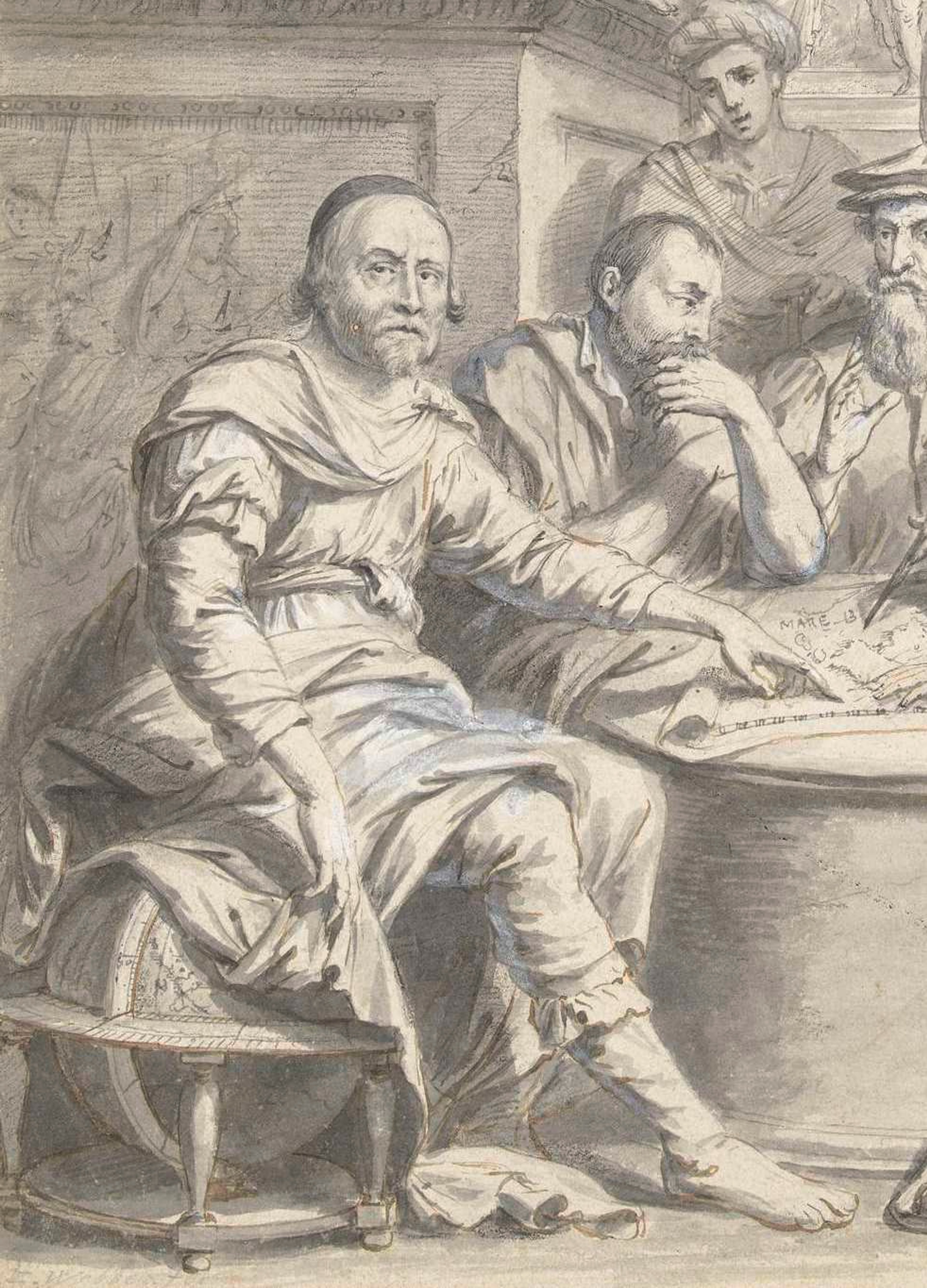 Black and white full body portrait of Johannes Janssonius, a man with short hair and a beard. He's pointing at a map and lifting his robe to reveal a globe beside him. In the background, there are other people talking at a table.