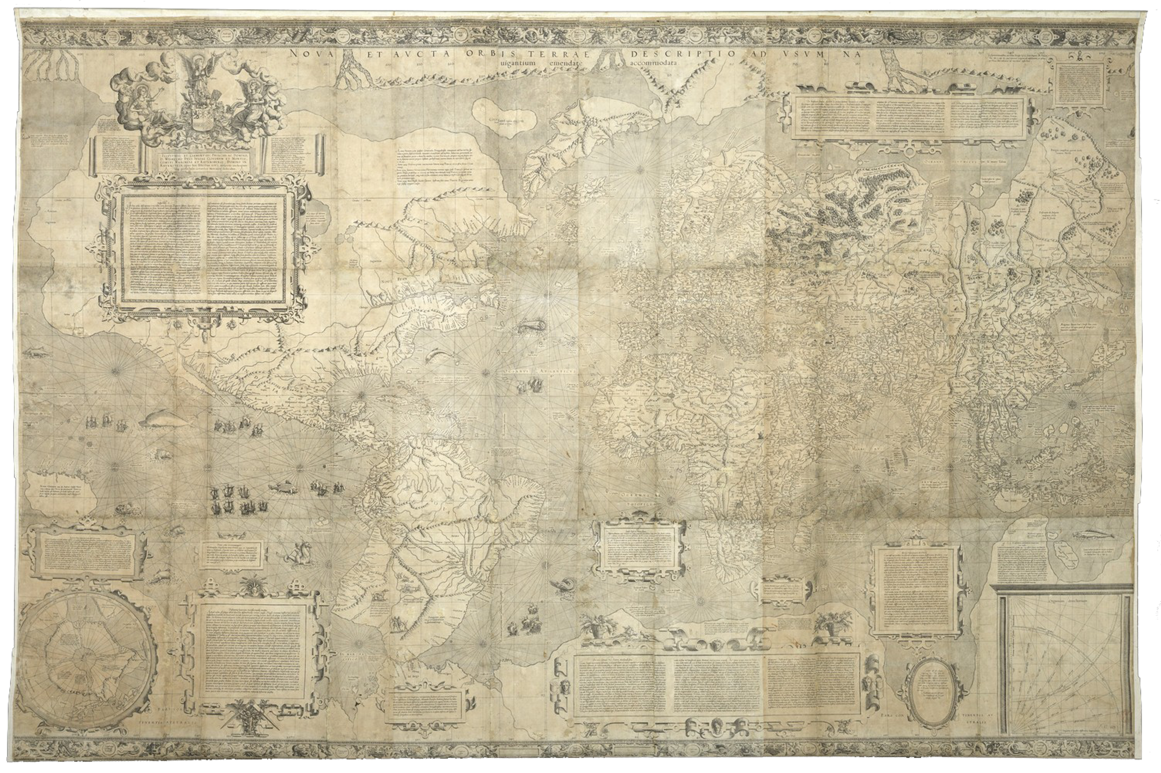 Gerard Mercator's famous world map of 1569 - a very large multi-sheet map with decorative borders, a southern polar hemisphere, and various explanation panels.
