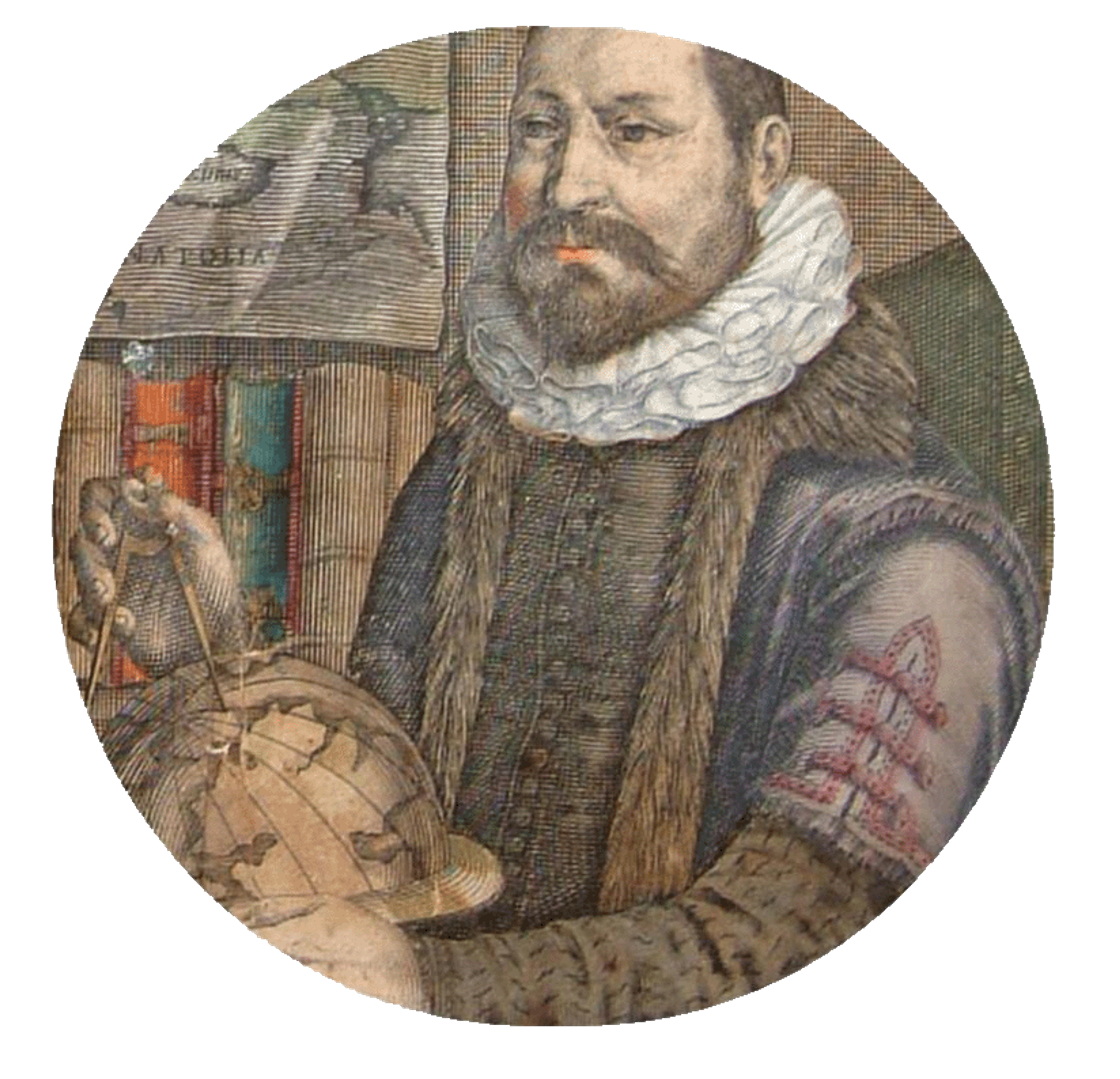 Circular image with an engraved portrait of Jodocus Hondius, a sixteenth century map maker. Hondius is a white map with short head and a short beard. He is wearing a fur-lined jacket and a white ruff. around his neck. He is hold a pair of compasses and a terrestrial globe and is sat in front of a bookshelf.