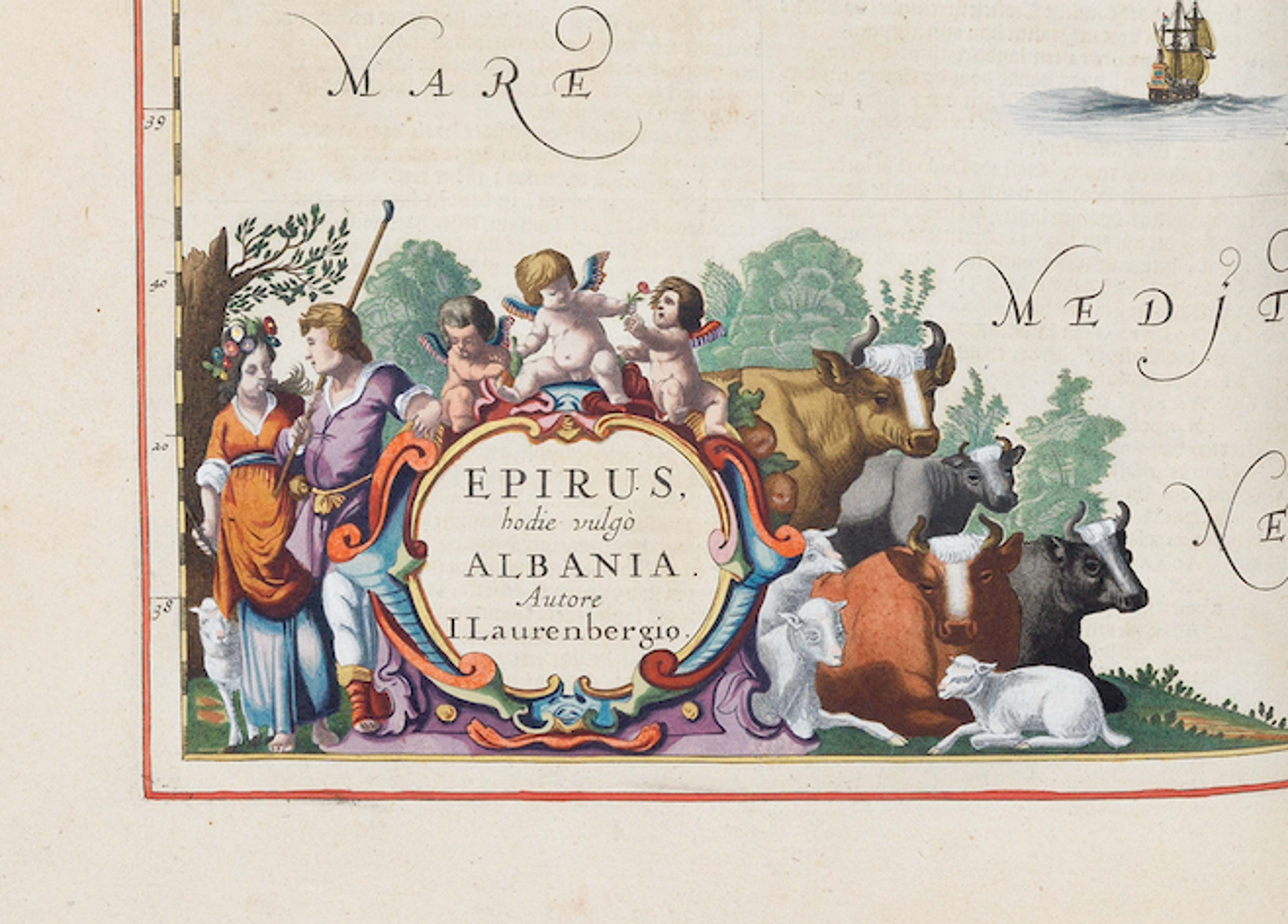 A cartouche featuring cows, sheep, a man and a woman, and three cherubs. Plus text that reads: Epirus, hodie vulgo, Albania, Autore Ilaurenbergio.