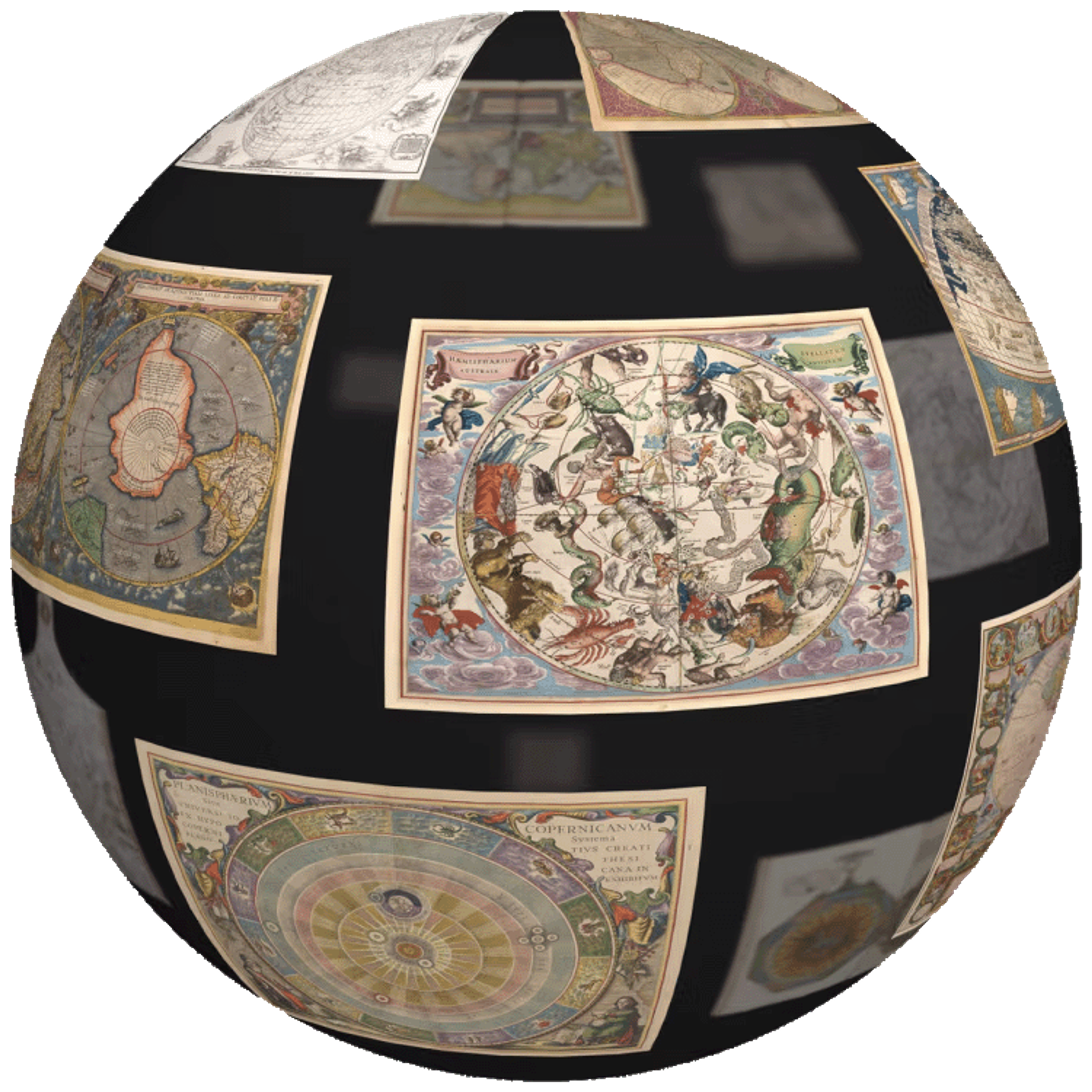 A gallery of maps in the shape of a three-dimensional sphere. This orb is covered in colourful antique terrestrial and celestial maps which are suspended on a dark background