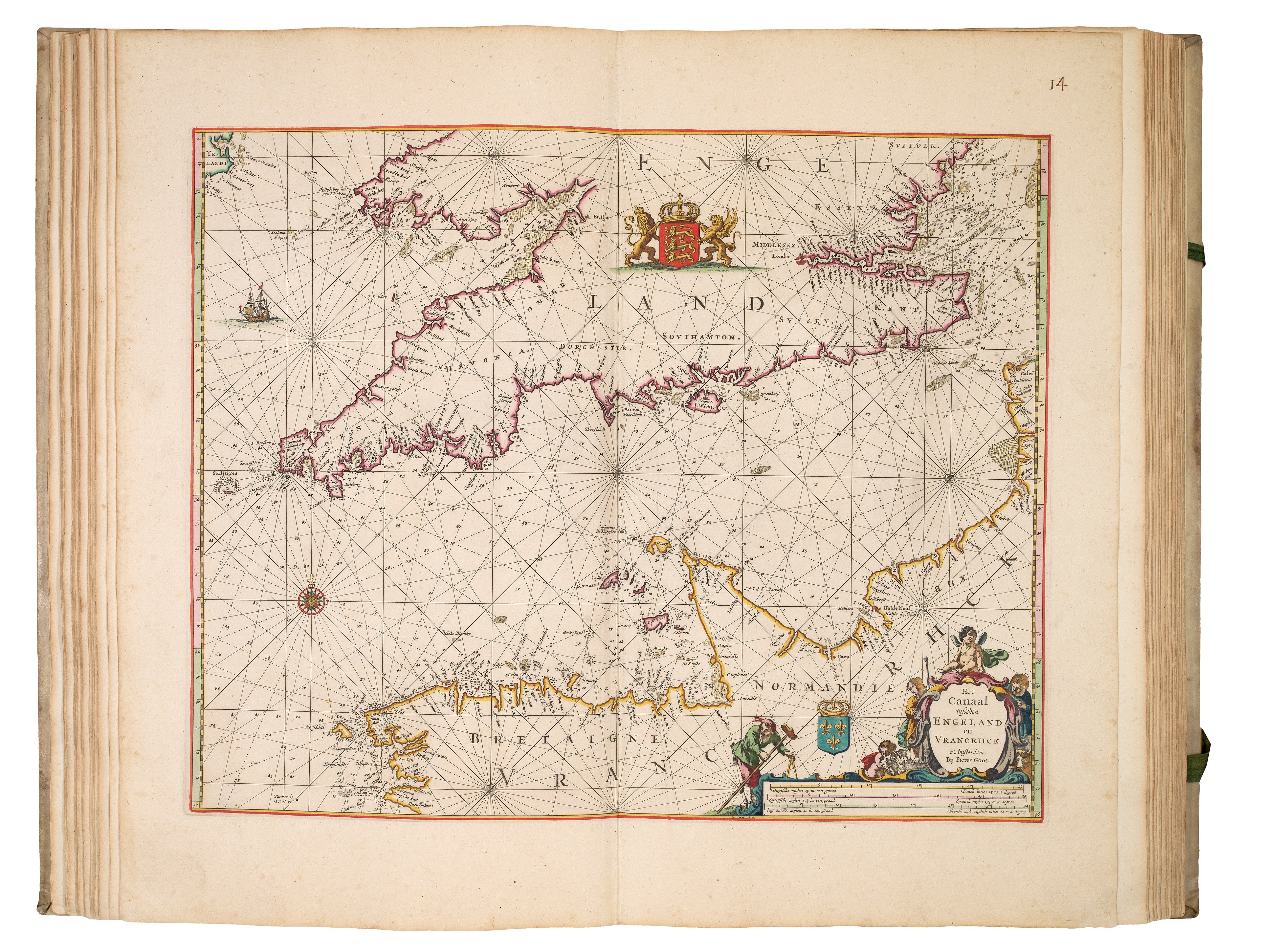 An open spread of a book, showing a sea chart of the English Channel. The outline of the coasts are finely drawn, and are coloured in red (England) and yellow (France), however the sea and land are uncoloured. Details on the map such as the cartouche are hand coloured. The chart shows crisscrossing lines called rhumb lines.