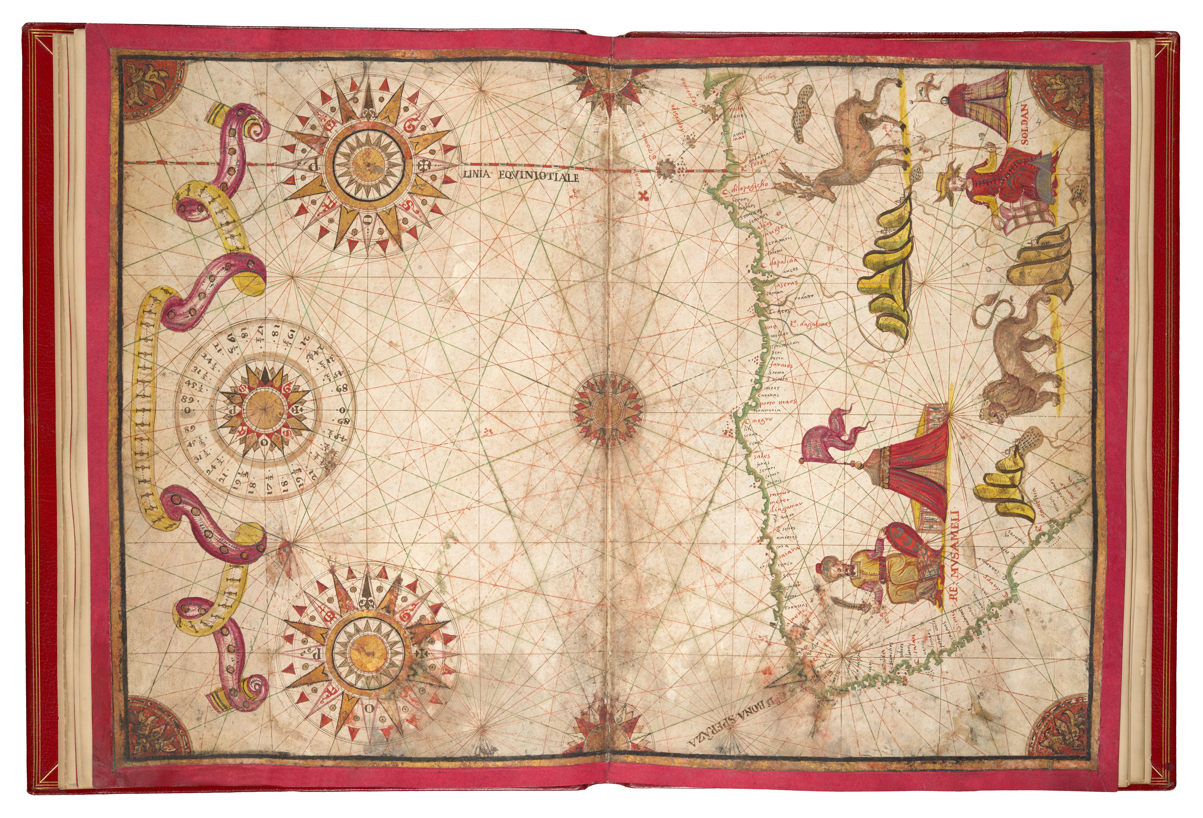 Preview of Cadamosto Portolan atlas, with stunning illustrations in reds and golds 