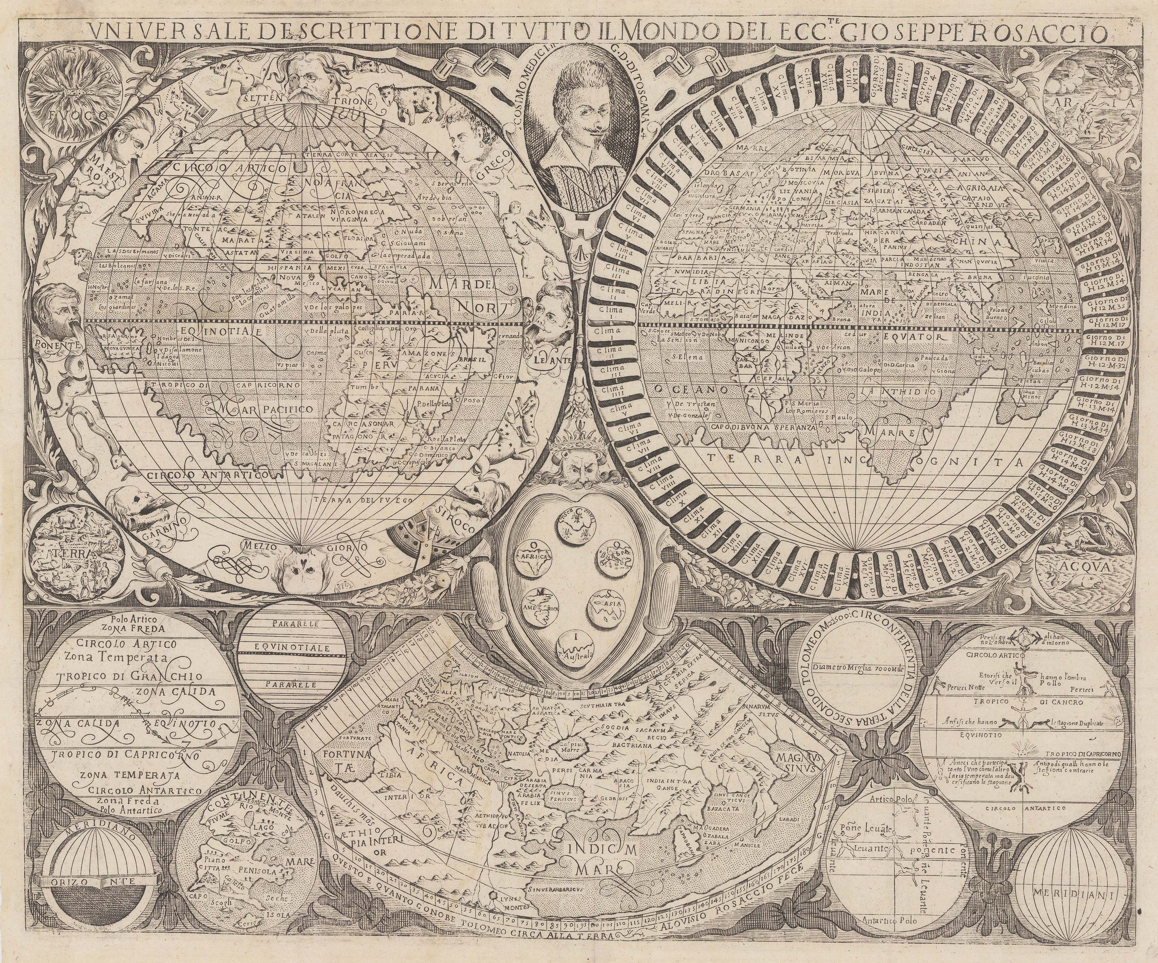 Preview of the map of the world by Giuseppe Rosaccio with illustrations around the Earth