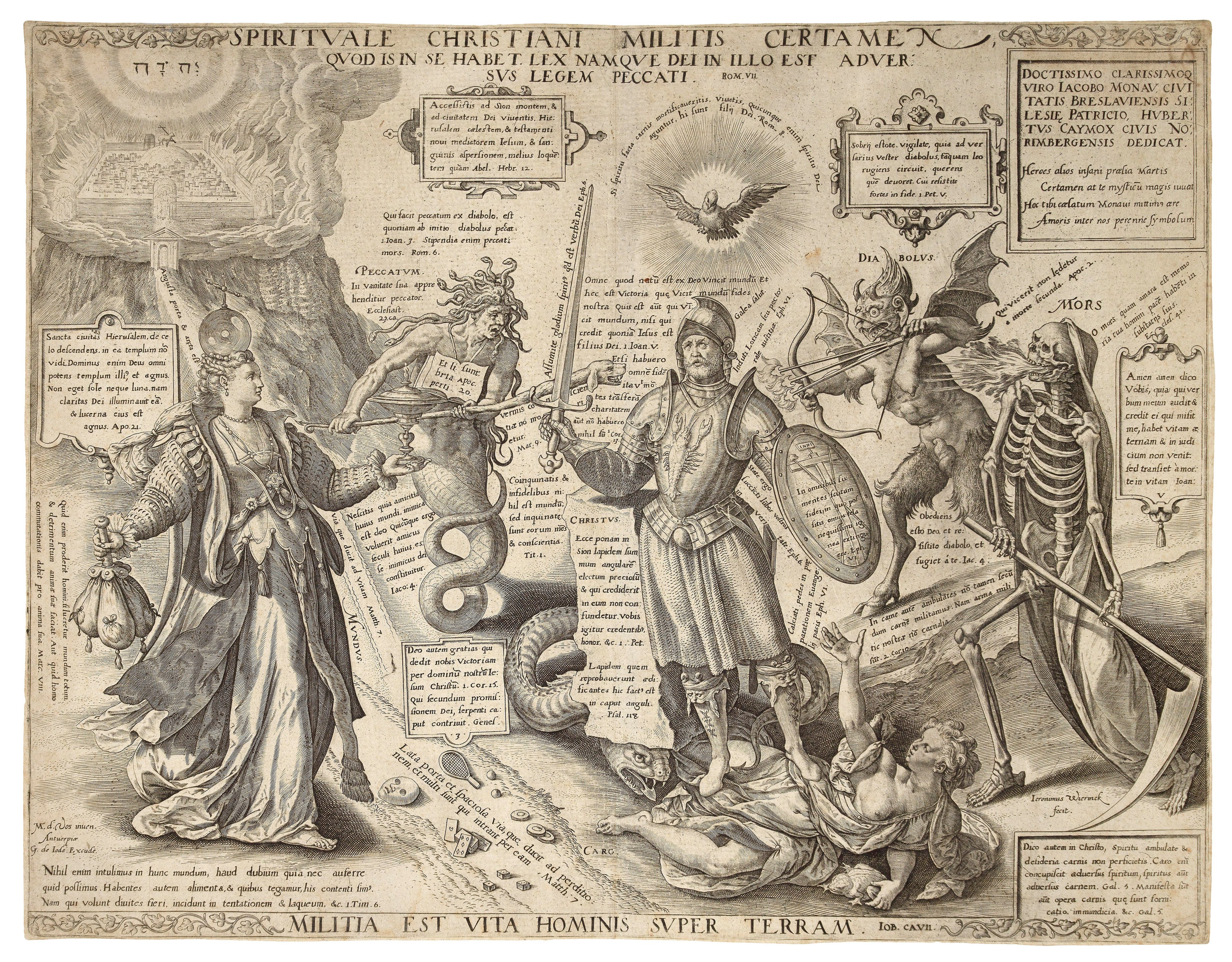 A print from an engraving, there is a solider standing above a woman with a serpent next to her on the ground, there is an angel and a well dressed woman to the left of the soldier. On the right side of the solider, there is a devil with a bow & arrow and a figure of Death.