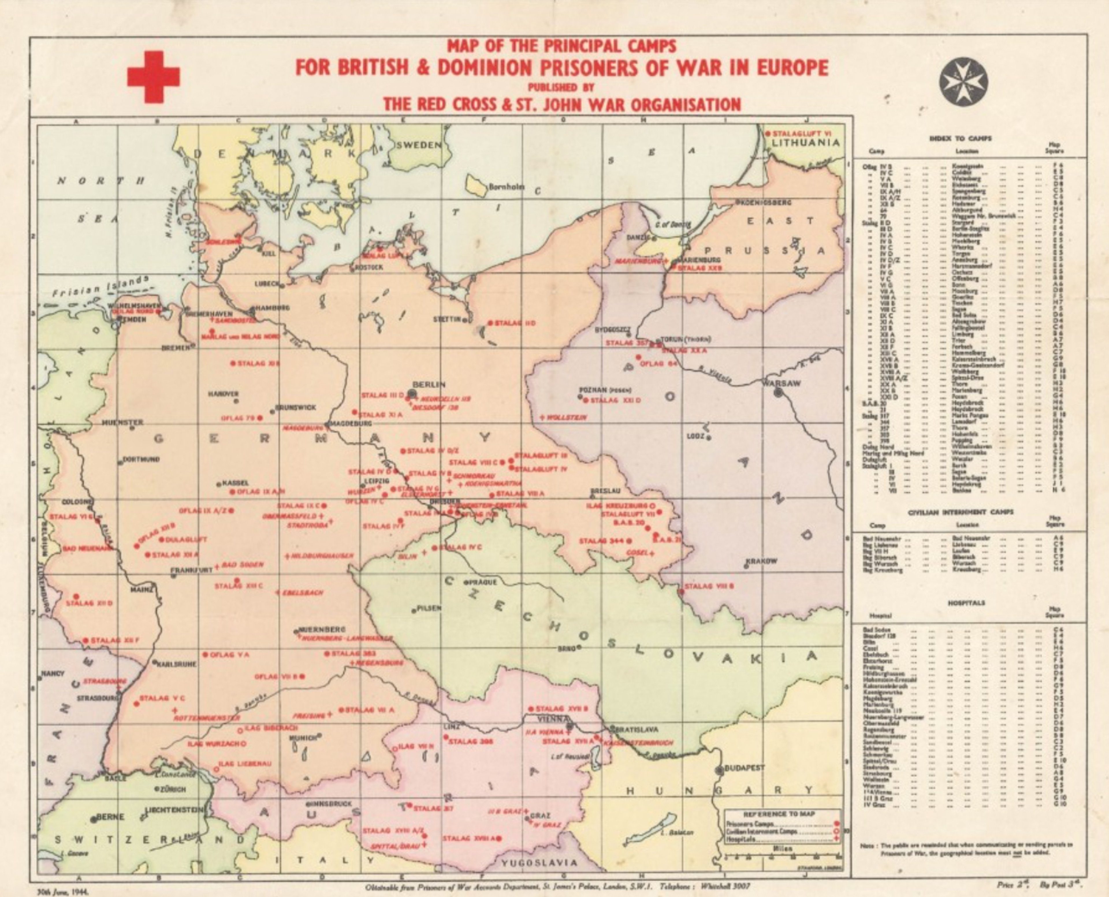 A colourful 1944 Red Cross Map showing Prisoner of War Camps in Europe