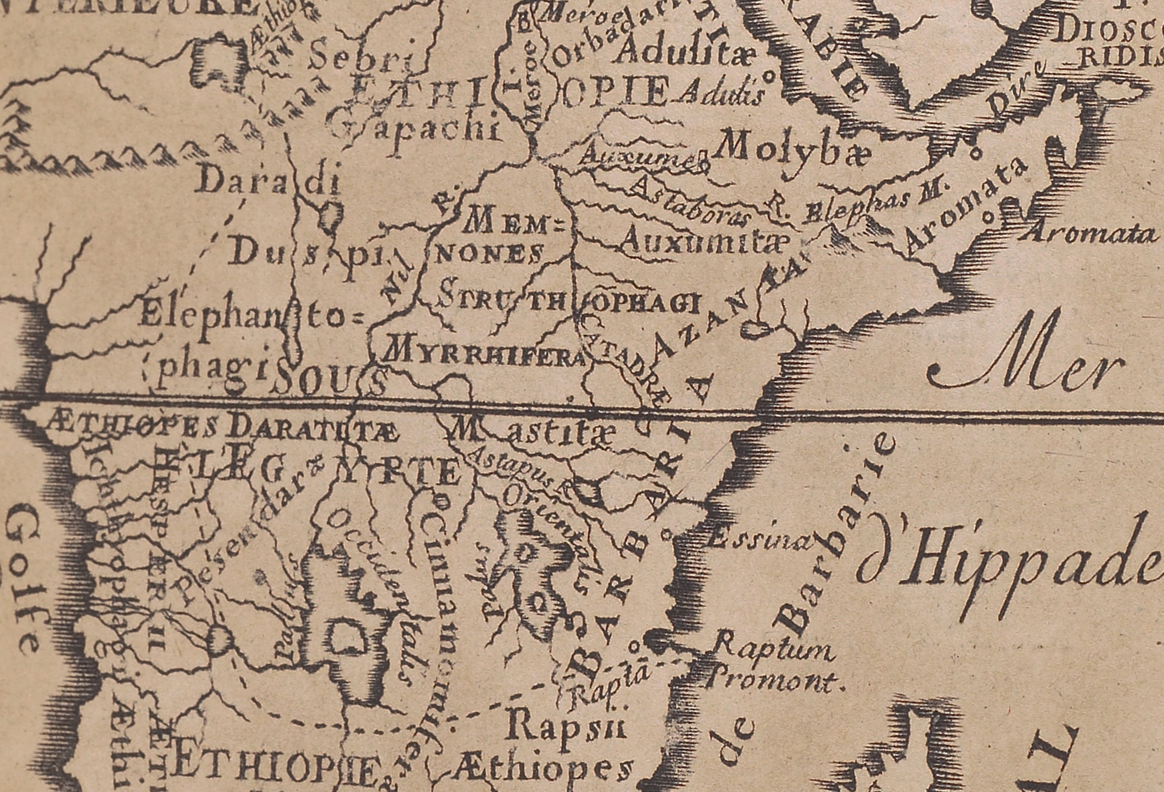 Detail of a small black and white map dated 1683 on aged paper of historic Ethiopia.