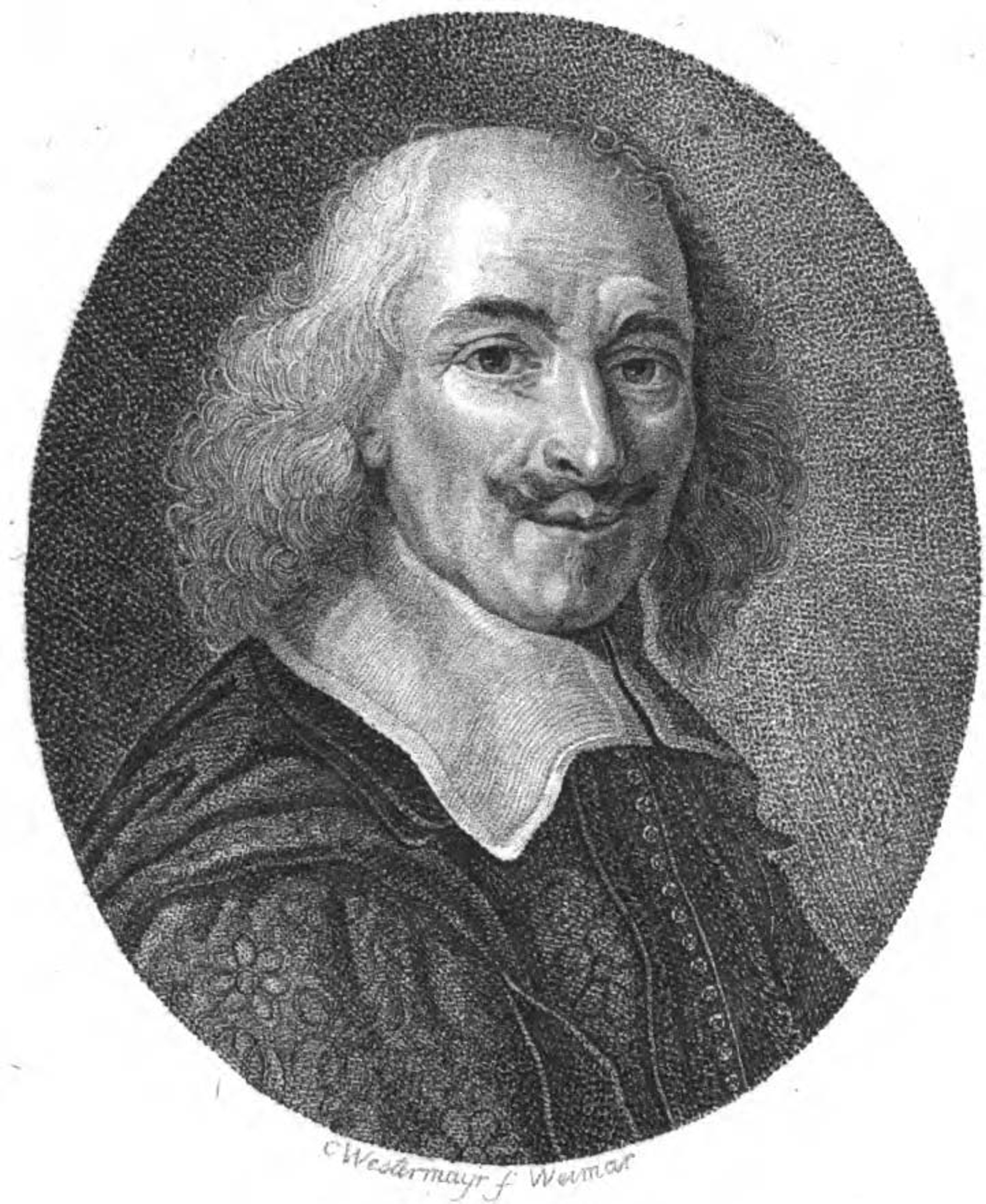 Black and white portrait of Nicolas Sanson d’Abbeville, a man with shoulder length wavy hair and a moustache