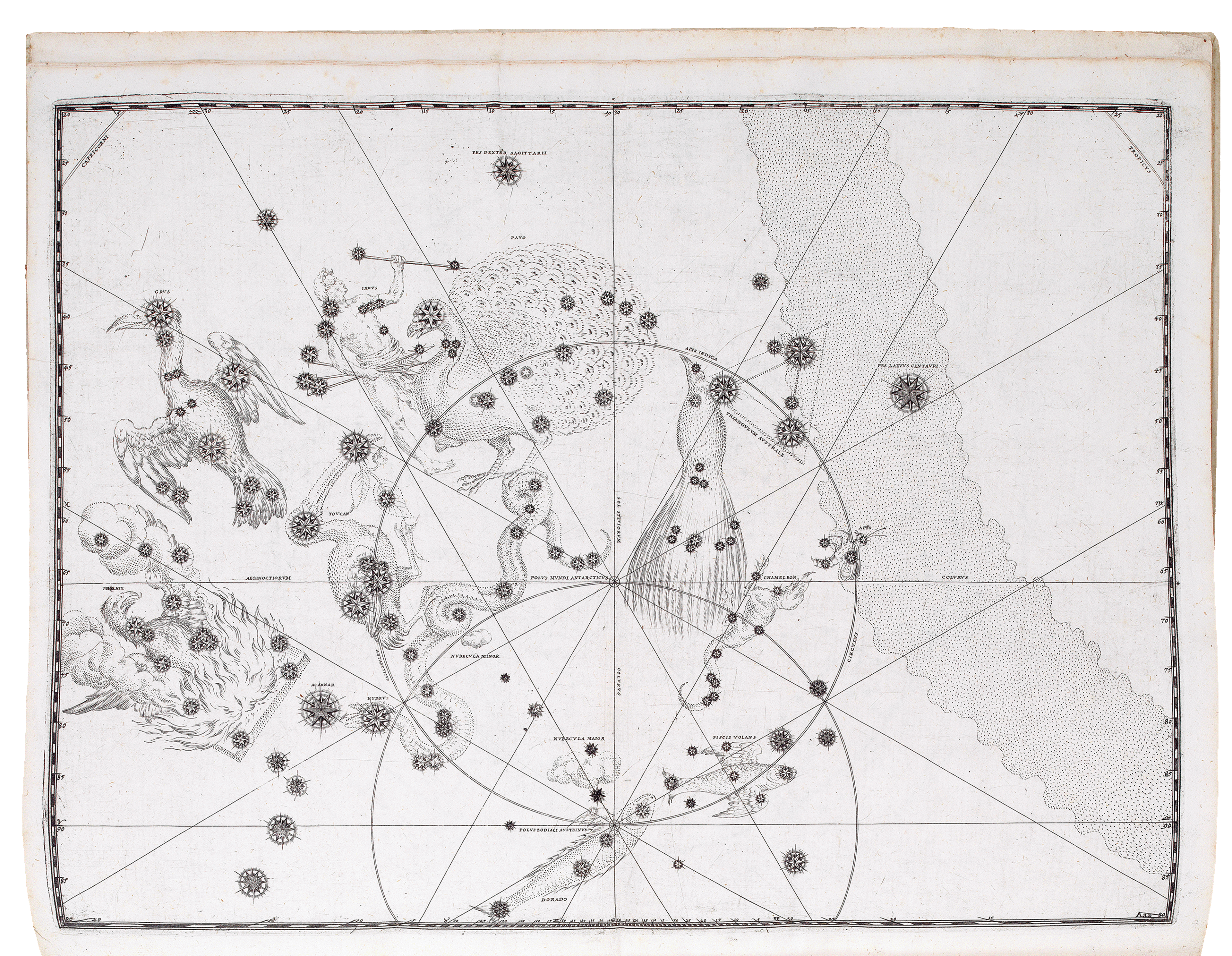 Black and white engraved chart of the southern hemisphere from Johann Bayer's 'Uranometria'. Radiating from the centre of the map and out to the left are a series of personified constellation with large and small stars surrounding them - the size relating to their brightness.