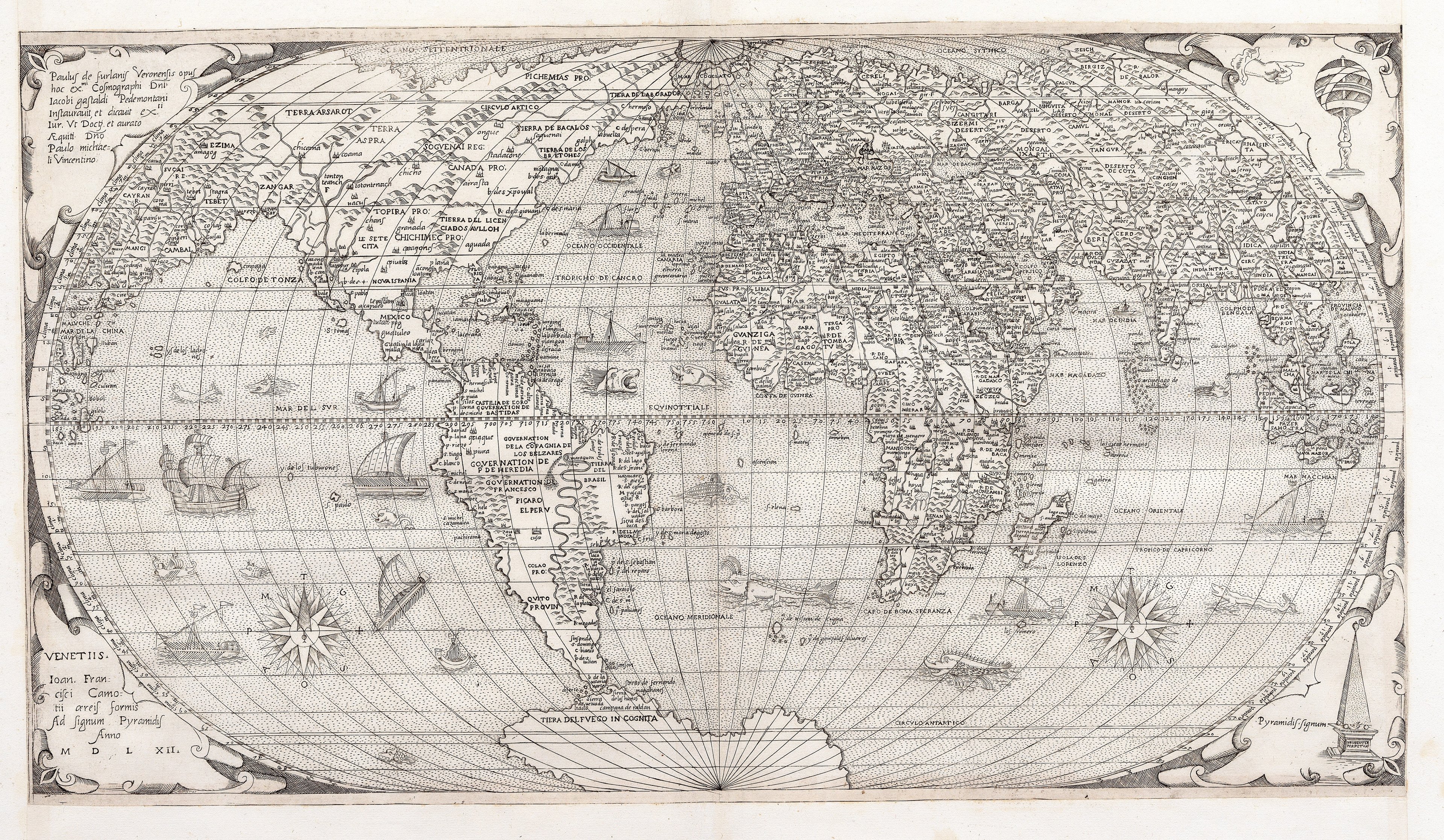 Paolo Forlani’s first world map with cartouche in the corners and beautifully engraved sea monsters and boats.