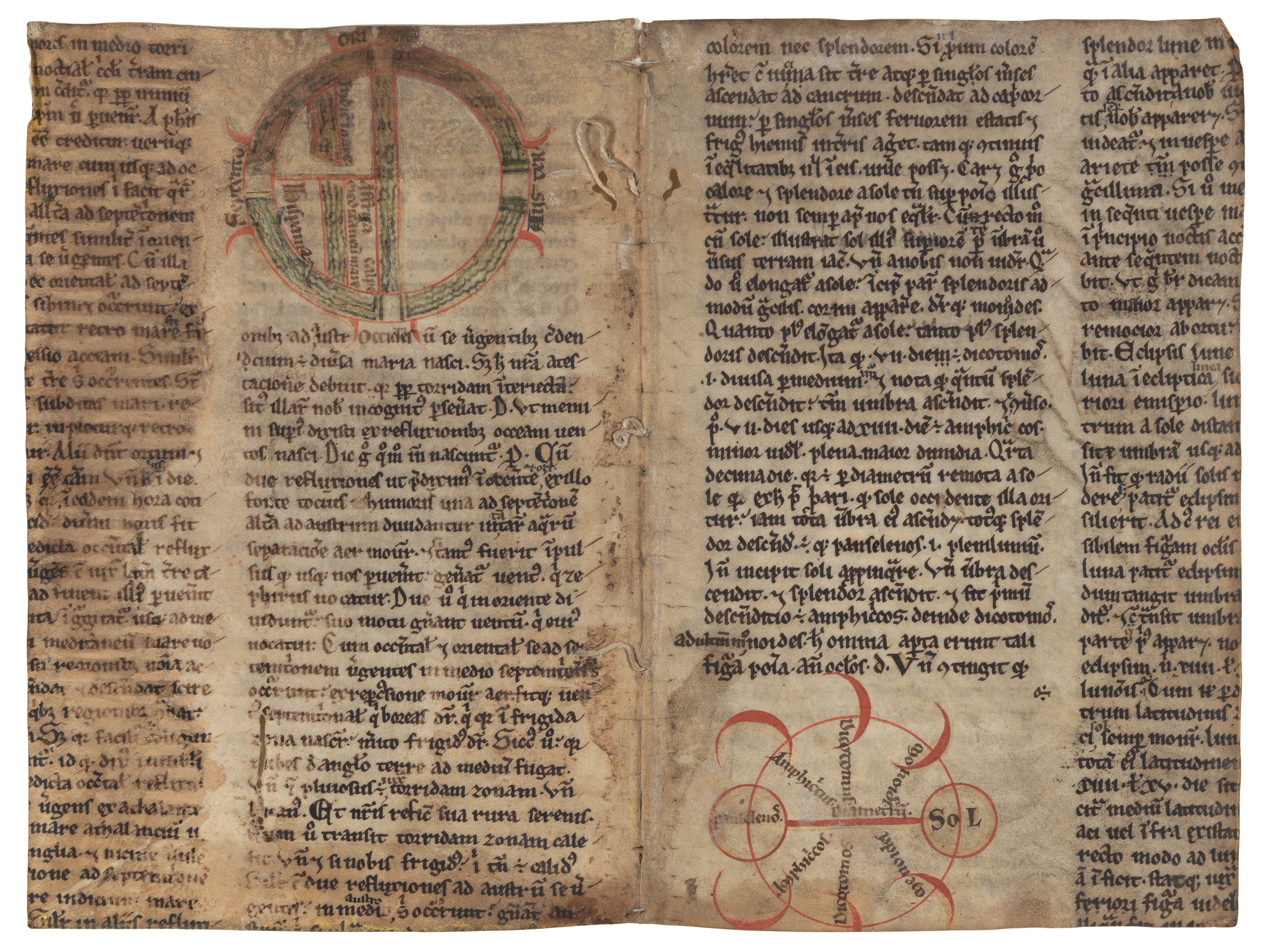 Manuscript page containing two maps: a T-O world map and a diagram of lunar eclipses. The world map is lightly colored and the lunar diargam is red. The page is hand-written and was taken from William de Conches.