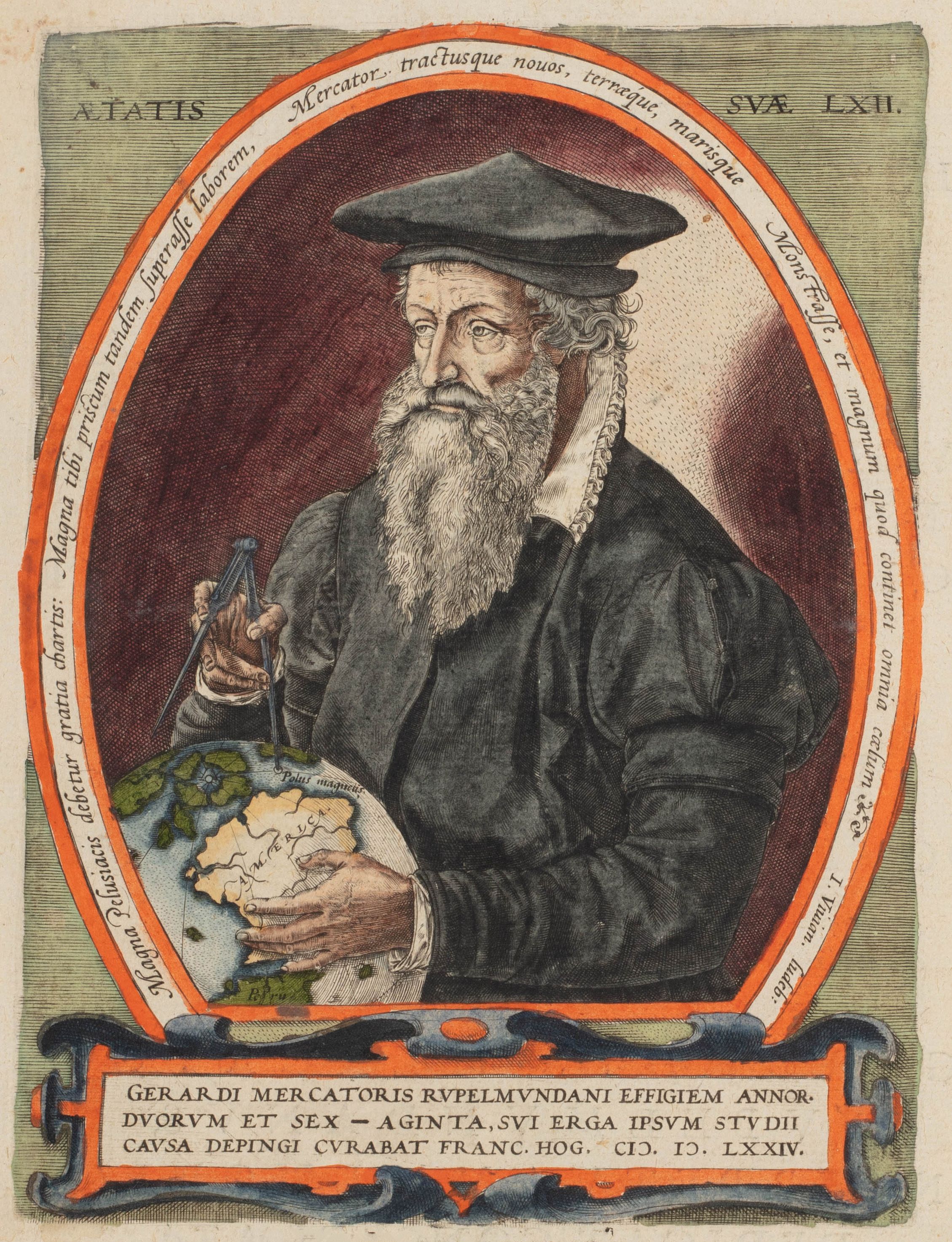 Colourful engraved portrait of Gerard Mercator - an older white man wearing black robes, a large white ruff collar and a black Dutch hat. He is holding a set of compasses on top of a terrestrial globe which he steadies with his left hand.