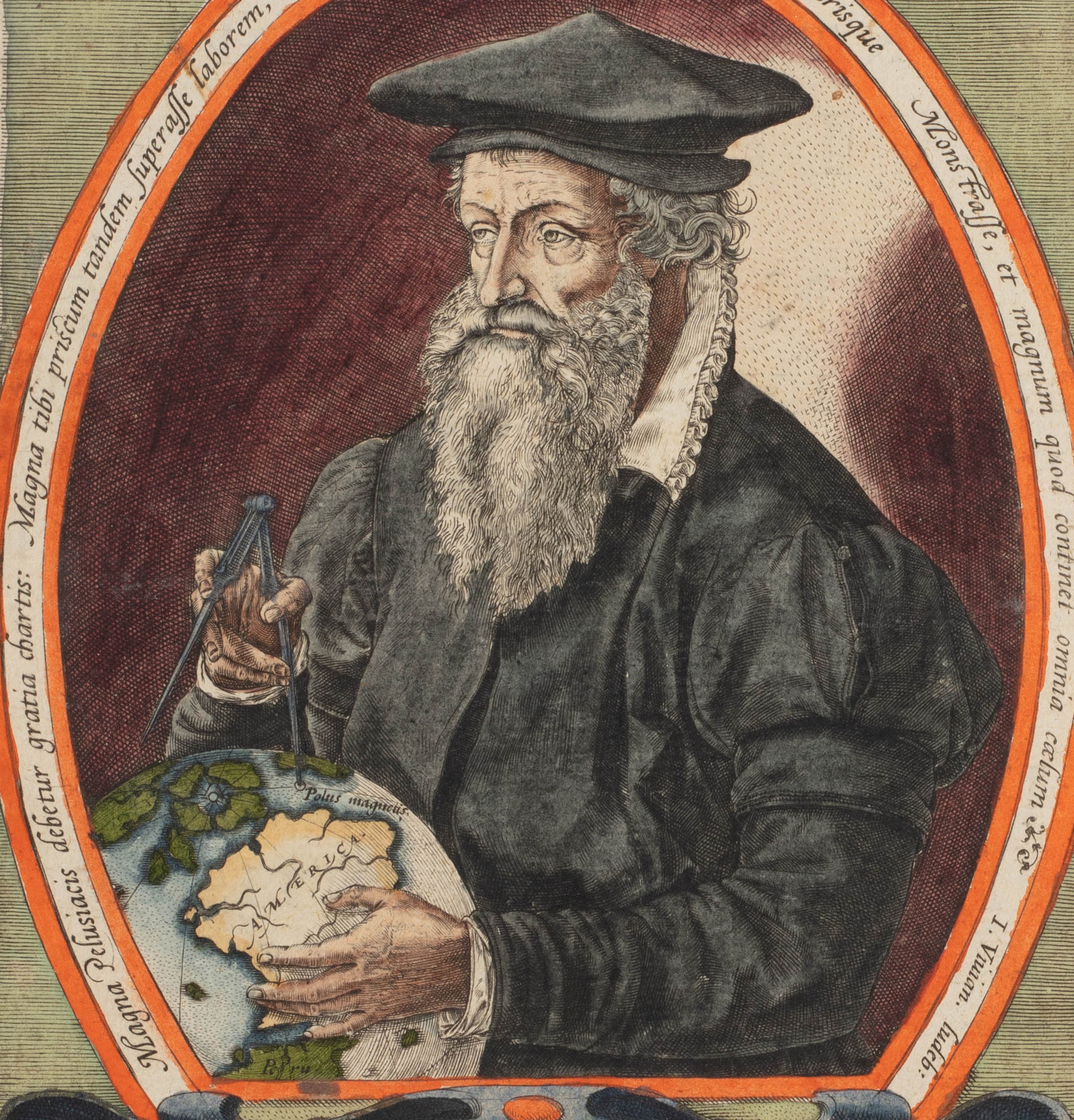 Colourful engraved portrait of Gerard Mercator - an older white man wearing black robes, a large white ruff collar and a black Dutch hat. He is holding a set of compasses on top of a terrestrial globe which he steadies with his left hand.