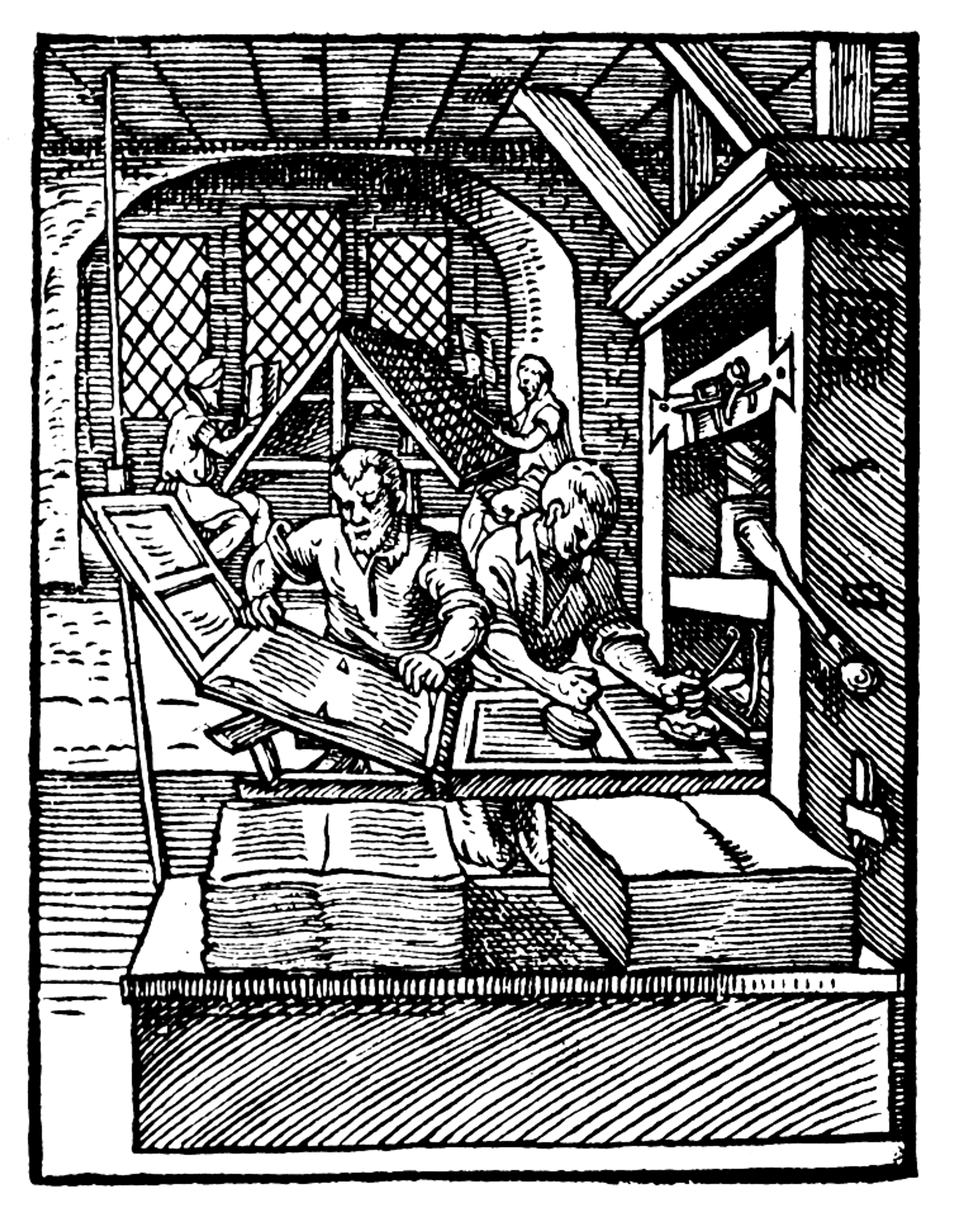 Black and white wood cut illustration of people working in a publishing house operating an early printing press