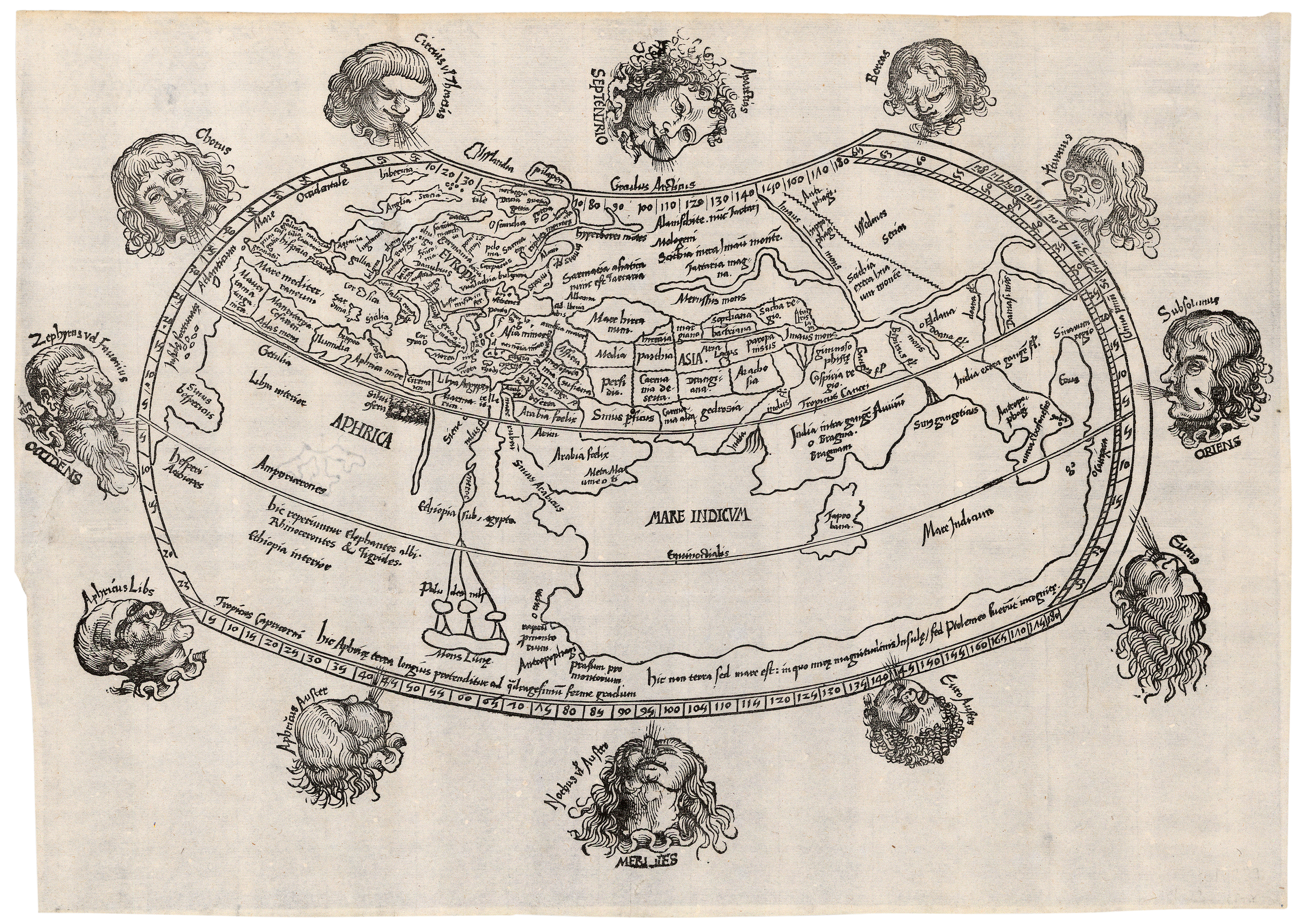 Example of a woodcut featuring the Reisch map with windheads. A black and white print of the world on a Ptolemaic projection, with unique windheads and their names shown around the eds of the map. The woodcut image is clean, clear and simple.