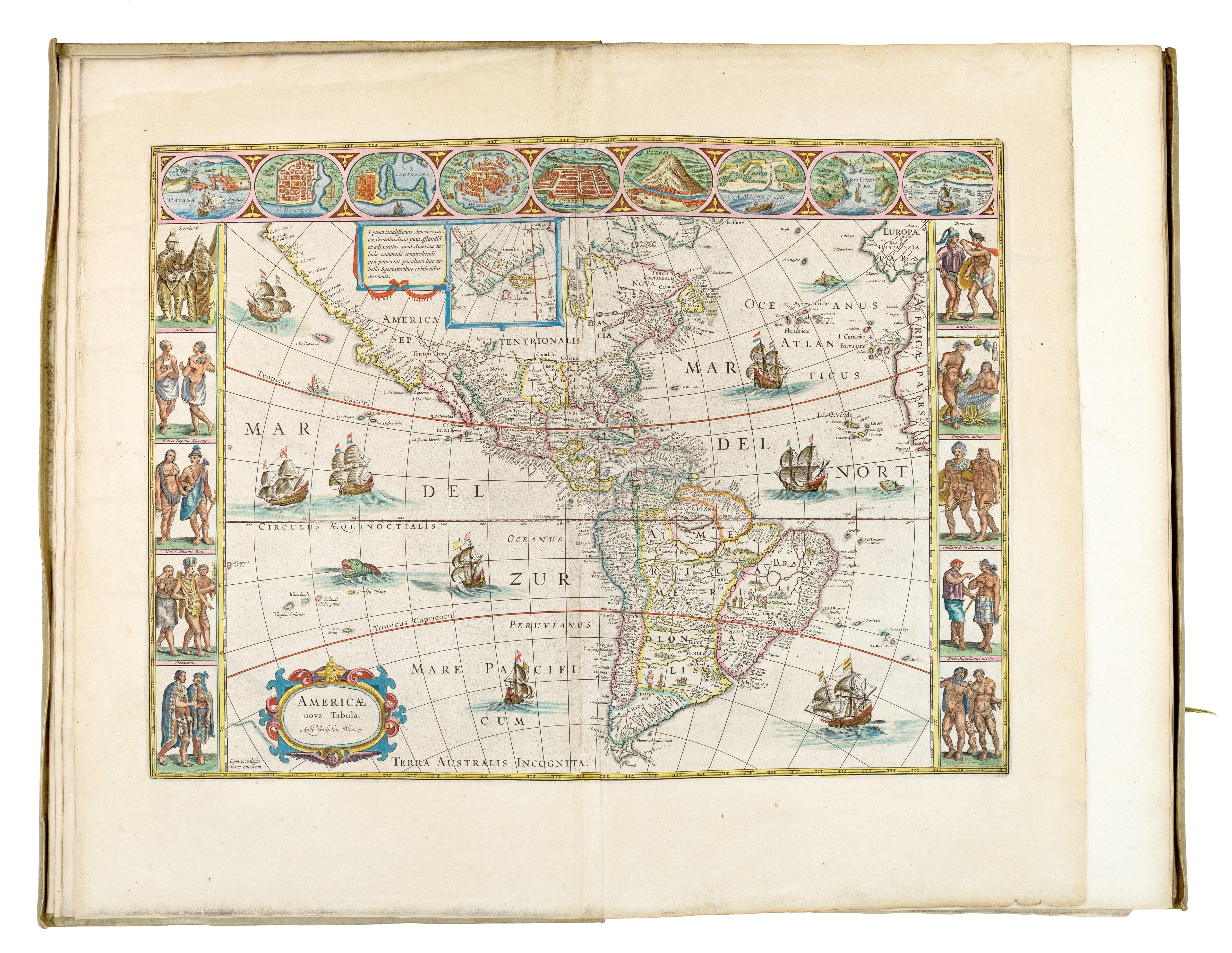 A copperplate engraving in an atlas of North and South America, finely engraved, coloured, and surrounded by illustrations of local people from the region.