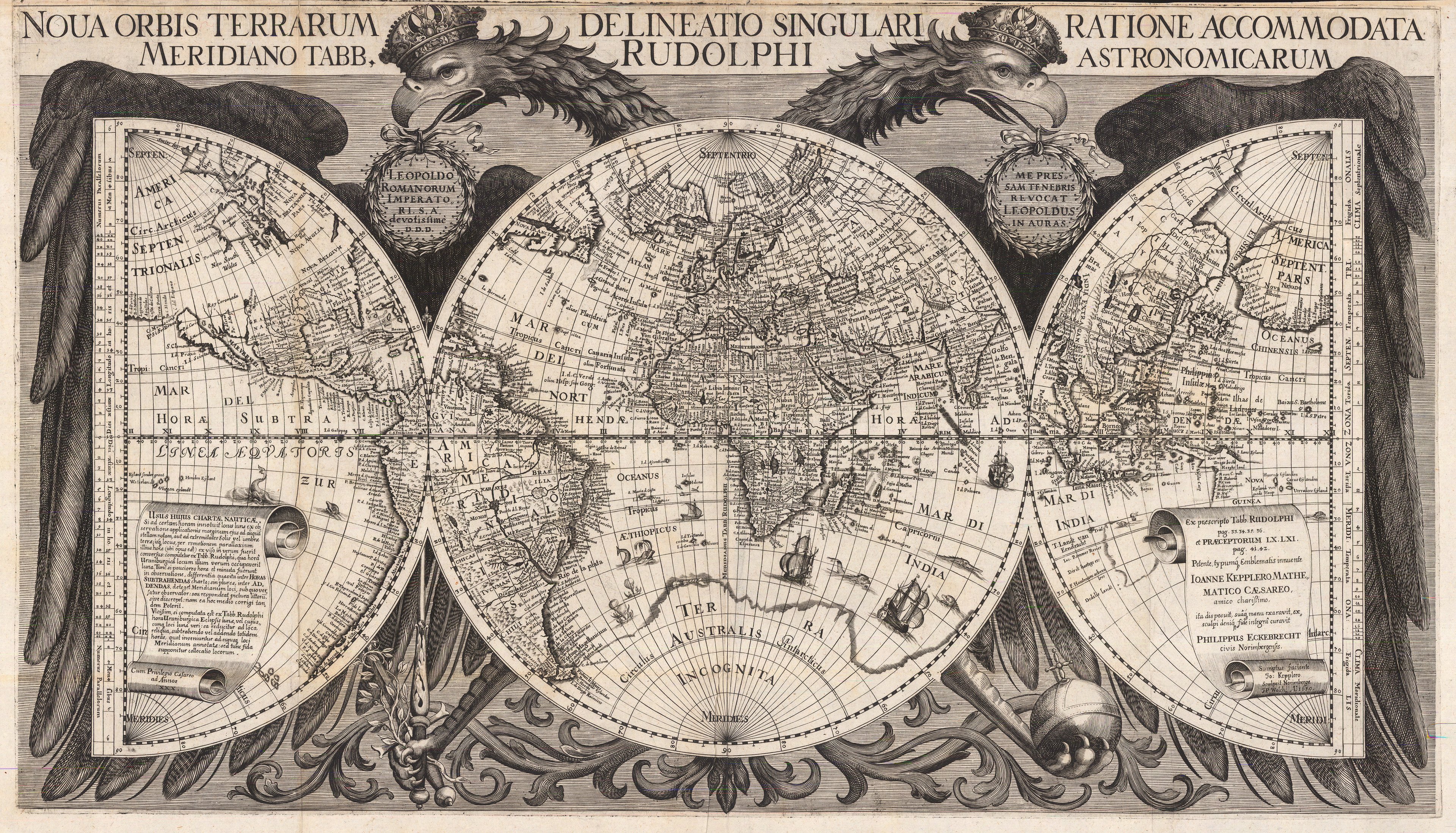 Engraved map of the world in a bifurcated double-hemisphere form