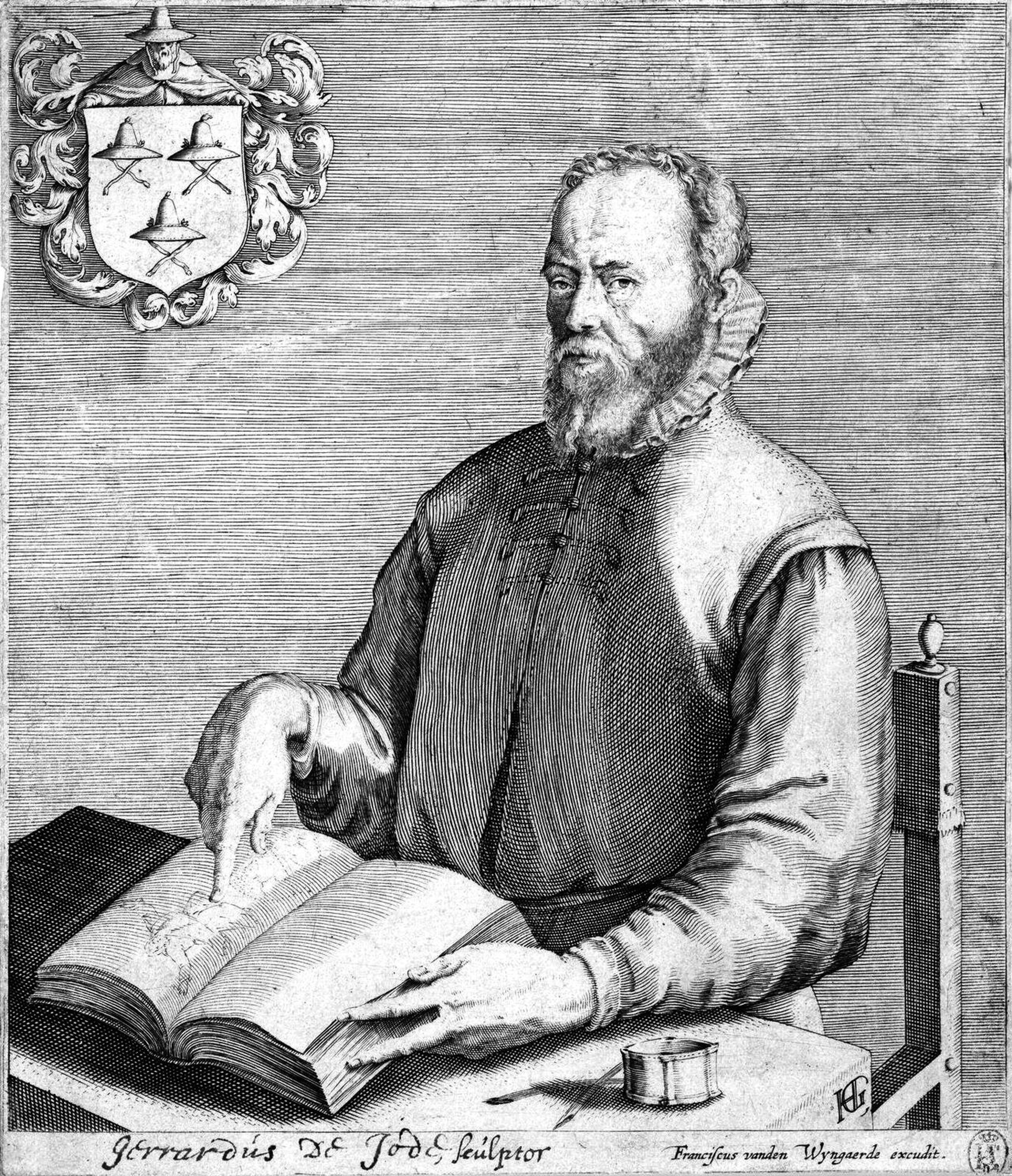 Black and white upper body portrait of Gerard de Jode, a man with short hair and a beard. He is gesturing towards a page in a book, and there is a coat of arms on the wall behind him.
