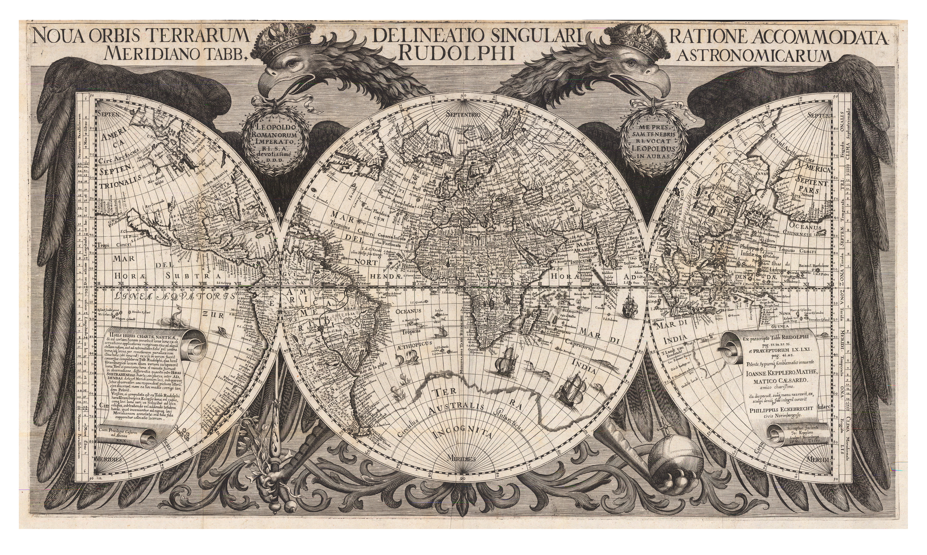 Etched map of the world in a bifurcated double-hemisphere form 