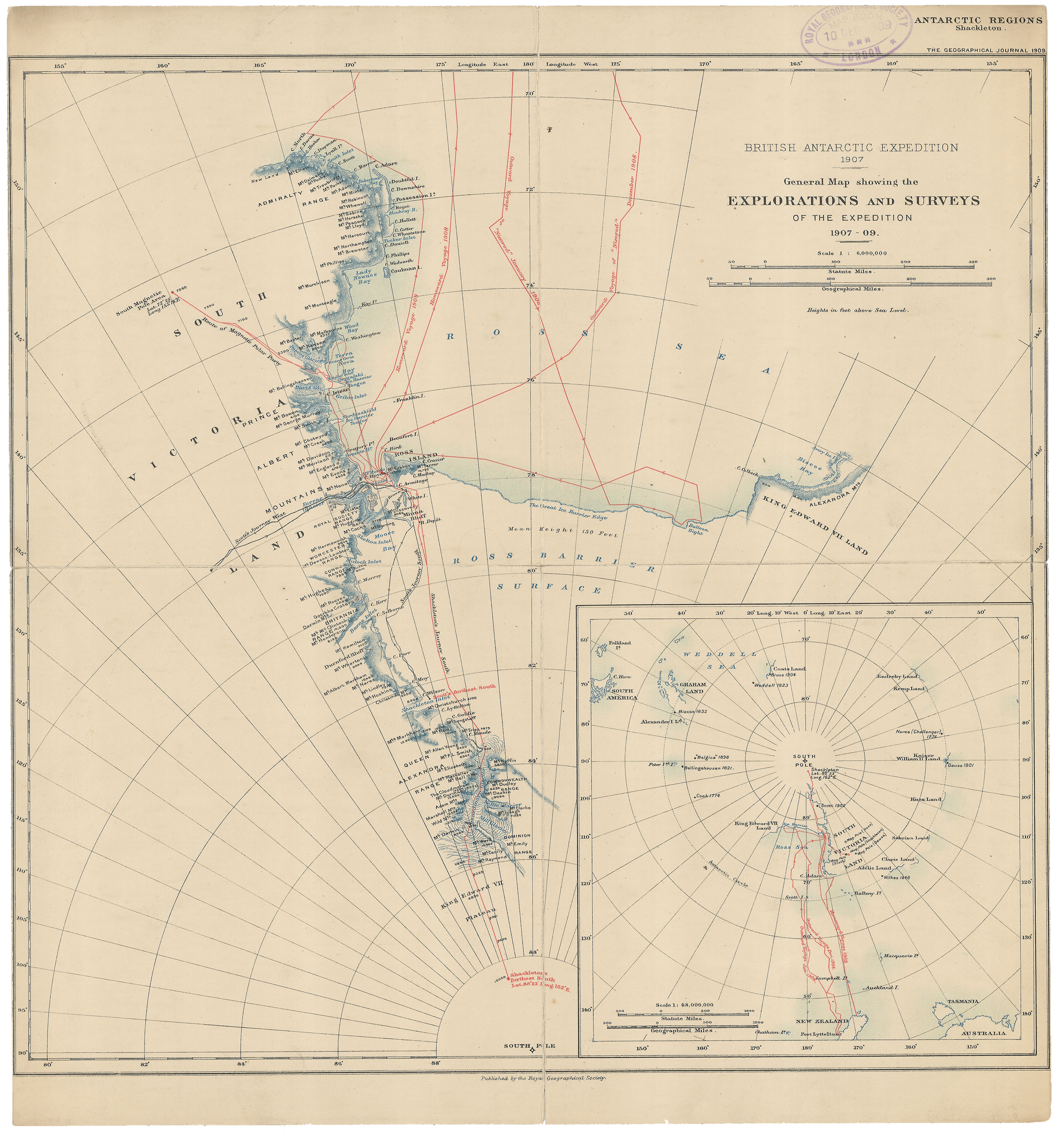 A famous and detailed expedition map showing the route (in red) of Sir Ernest Shackleton in Antarctica during the British Antarctic Expedition 1907-09 - also known as the 'Nimrod Expedition'. This map marks Shackleton's and Scott's furthest south attempts during this expedition. There is an overview map in the lower right hand side of the map to provide context and placement in the region of Antarctica. This map would have originally been folded and included in The Royal Geographical Society Journal of 1909 accompanying a report on the expedition.