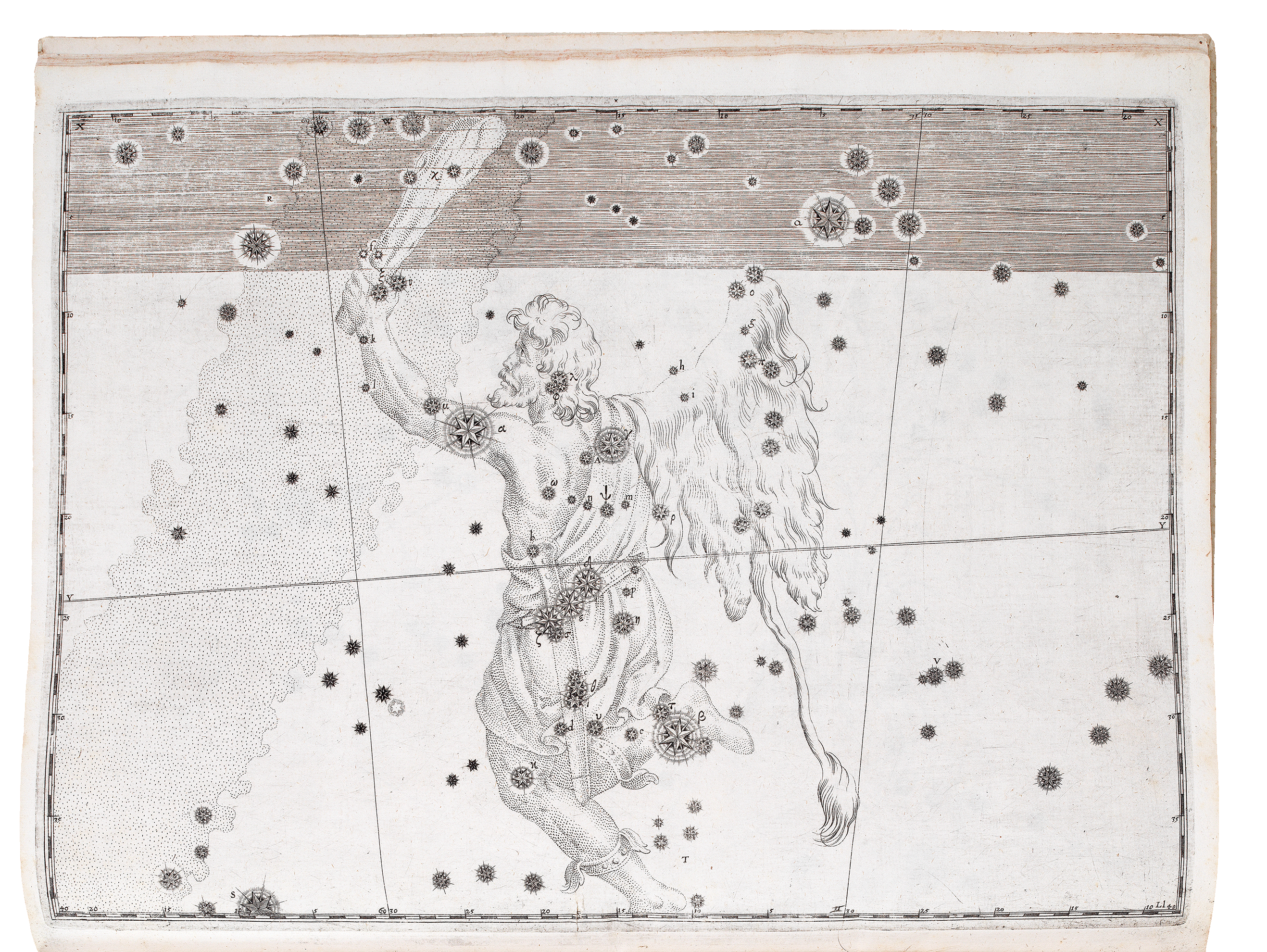 Black and white engraved celestial chart from Johan Bayer's atlas 'Uranometria' showing the constellation of Orion