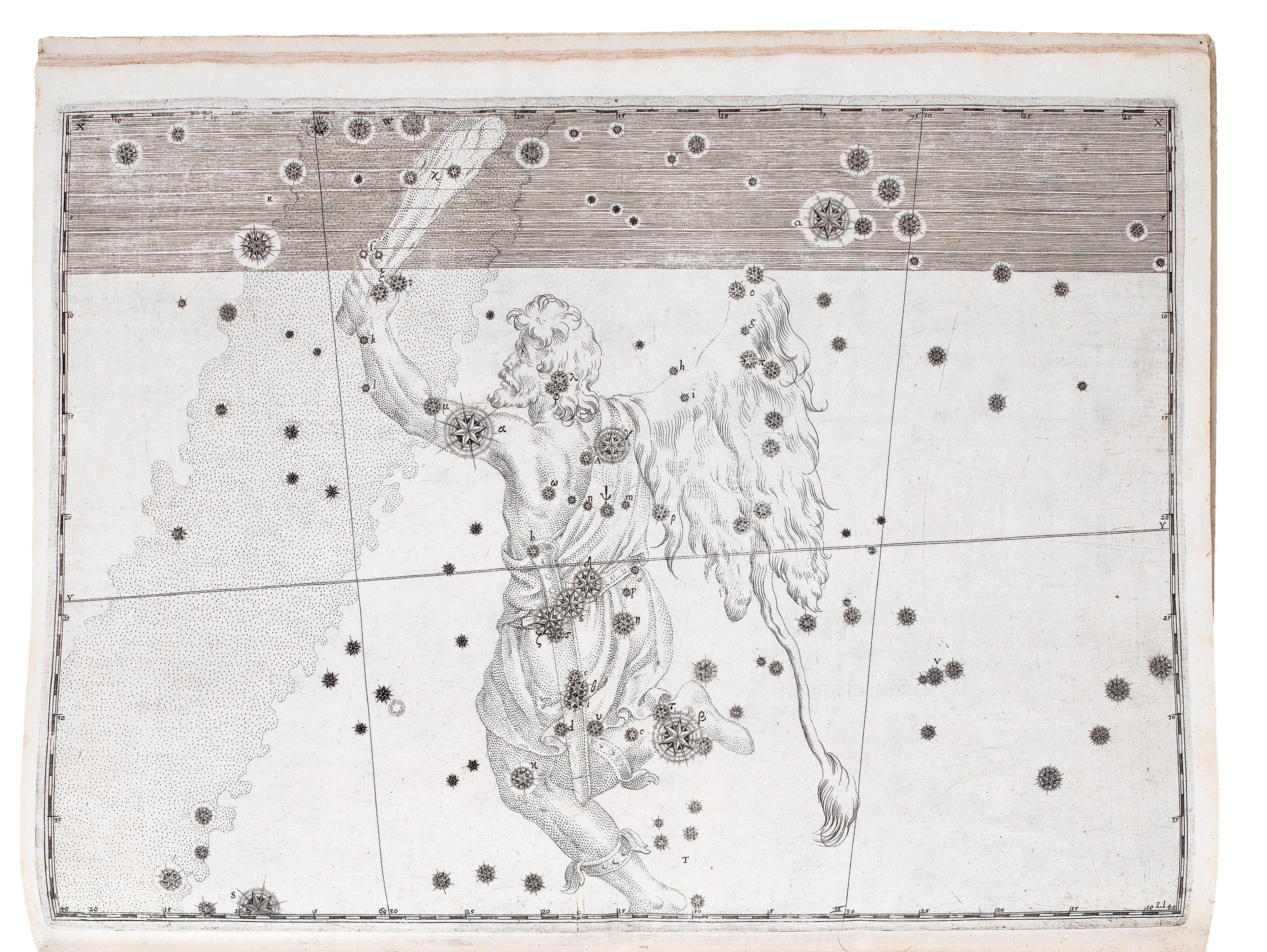 Black and white engraved celestial chart from Johan Bayer's atlas 'Uranometria' showing the constellation of Orion
