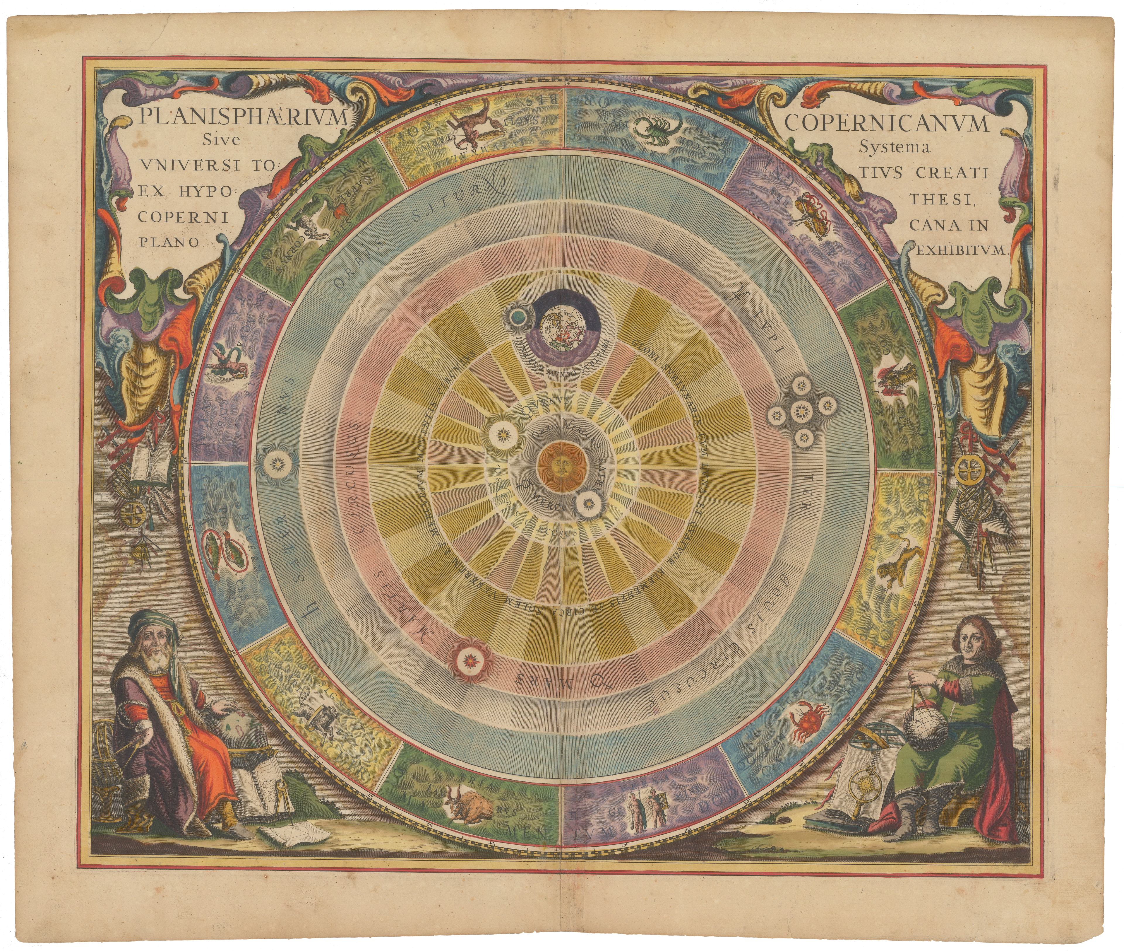 A hand coloured diagram of the universe showing the heavens and the sun according to the Copernican system.