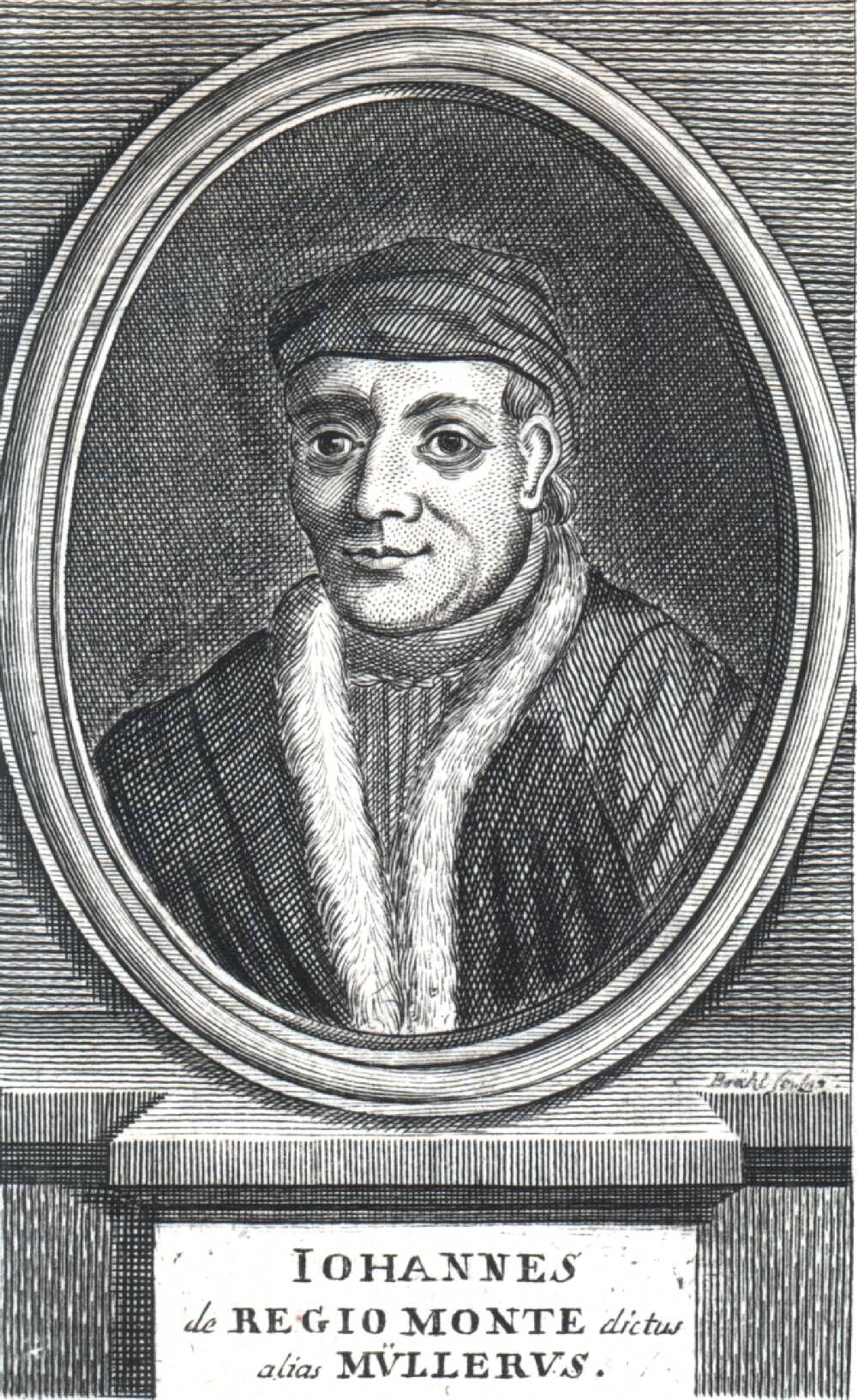 Black and white portrait in a frame of Johannes Regiomontanus, a man wearing a dark robe and hat. 