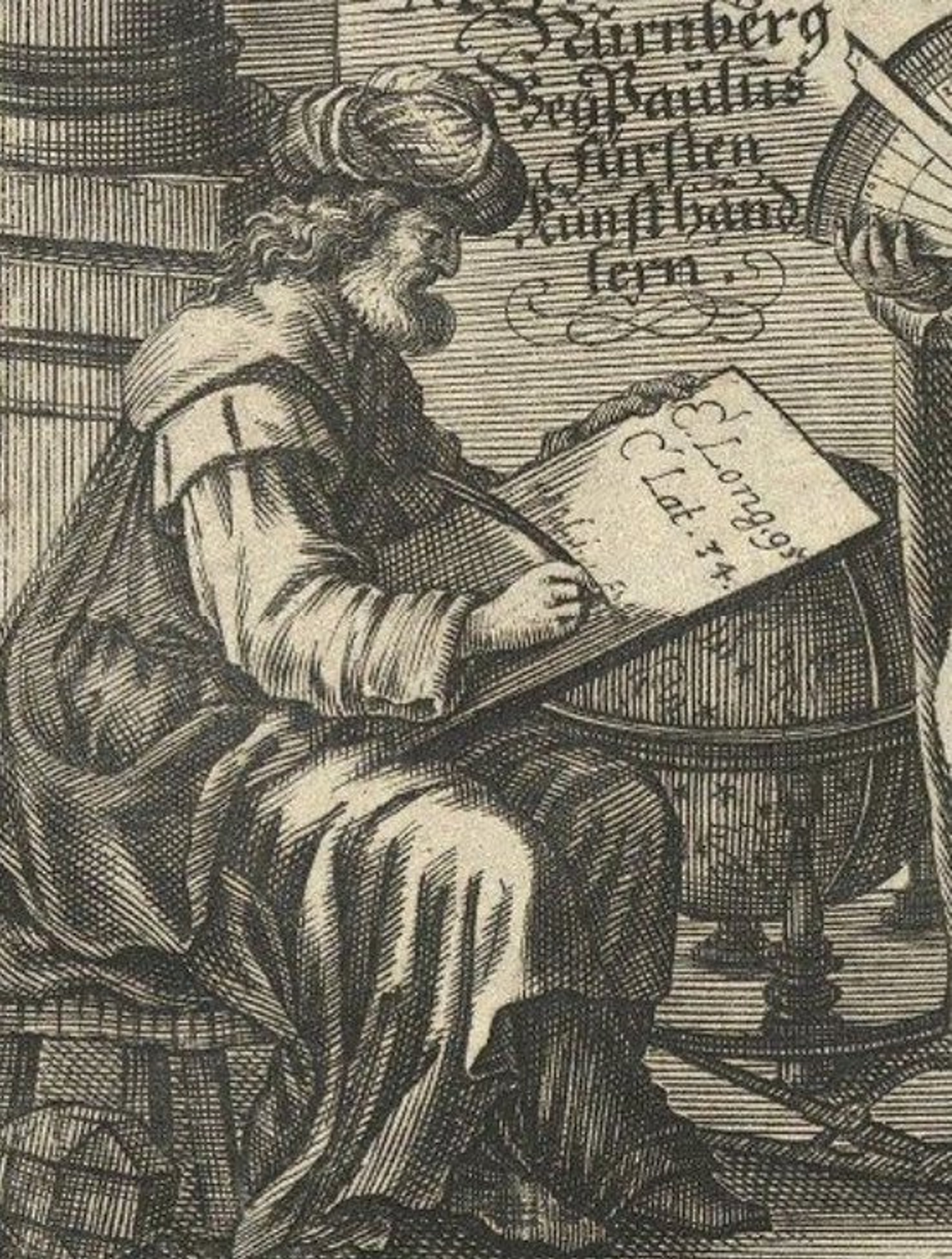 Black and white portrait of German Cartographer, Franz Ritter, who's sat on a stool and writing on parchment with a globe in the background.