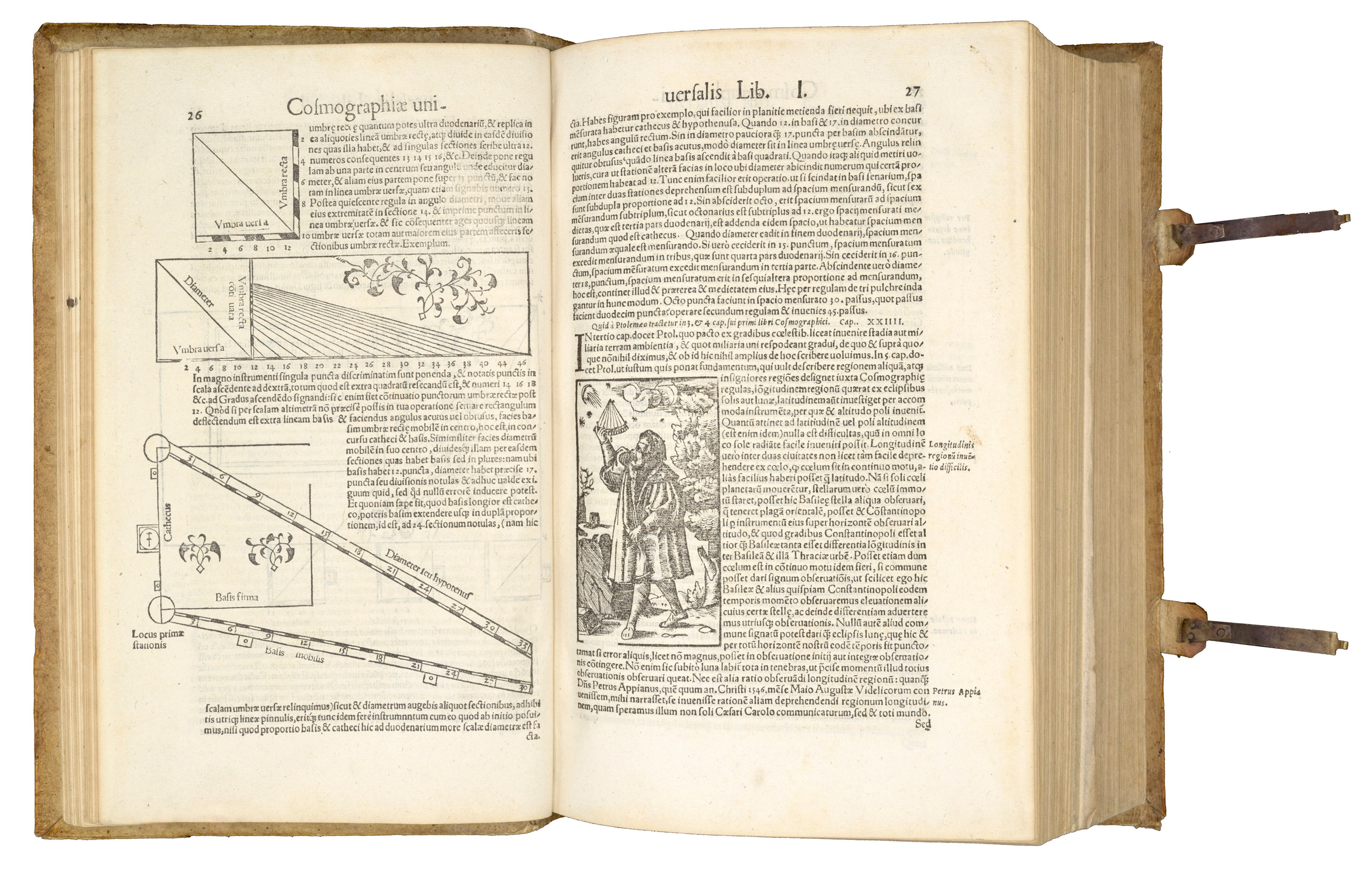 Book open at a page showing woodcut scientific illustrations and an image of an astronomer using a sextant or astrolabe against the night sky. Pages of woodcut Latin text.