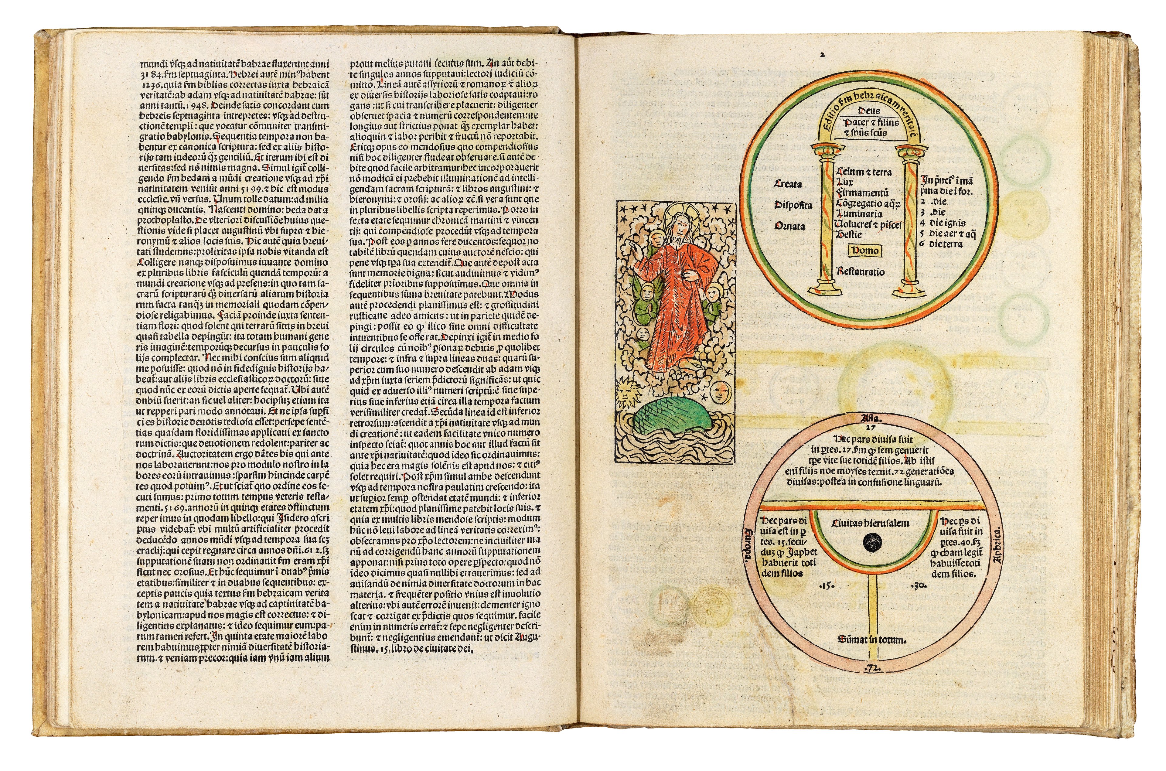 Excerpt from chronicle Fasciculus Temporum, written by Werner Rolewinck featuring T-O map and a map of the heavens