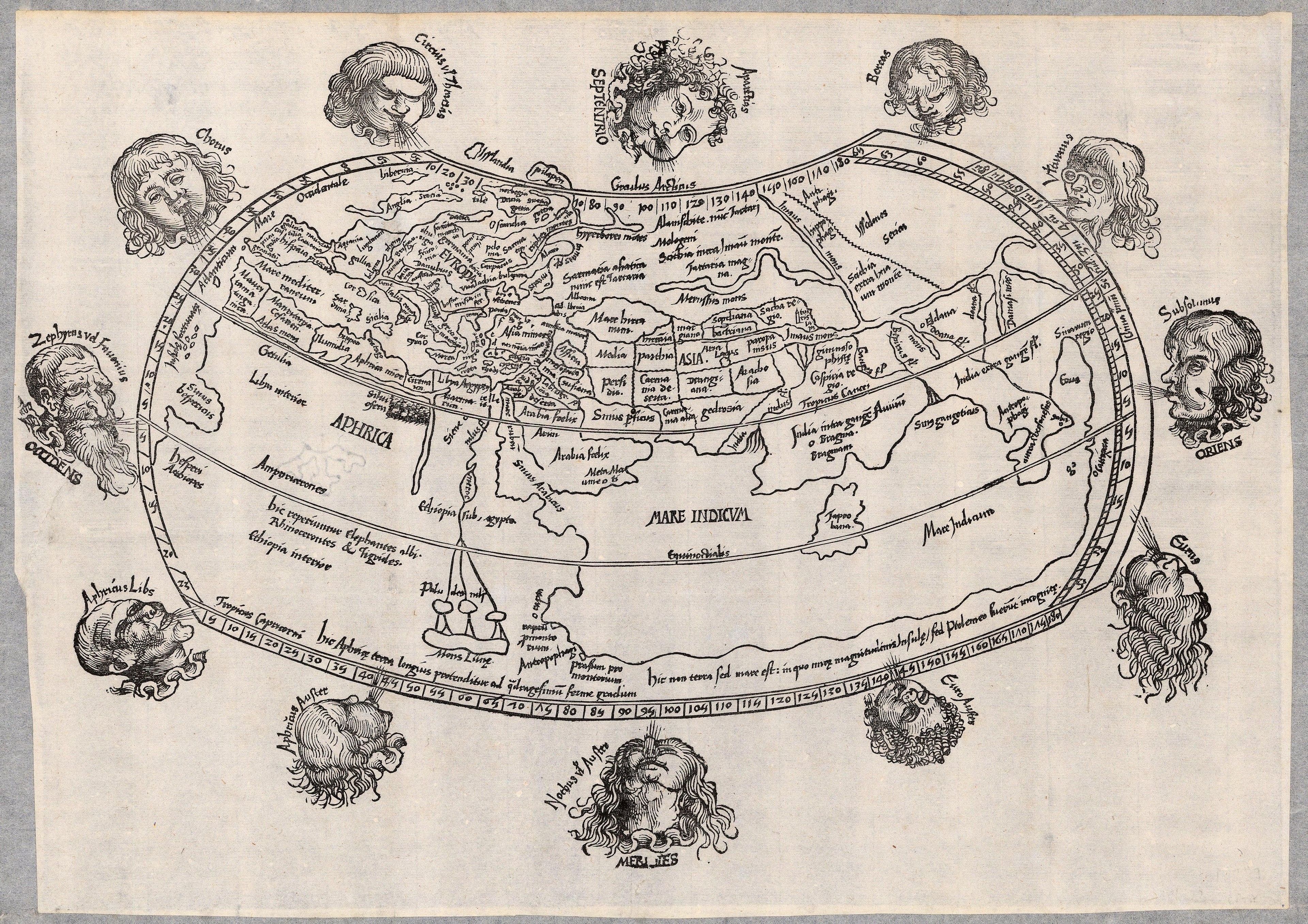 A black and white engraving of a world map on a Ptolemaic projection, showing the known extent of the earth in a lozenge shape, and surrounded by windheads
