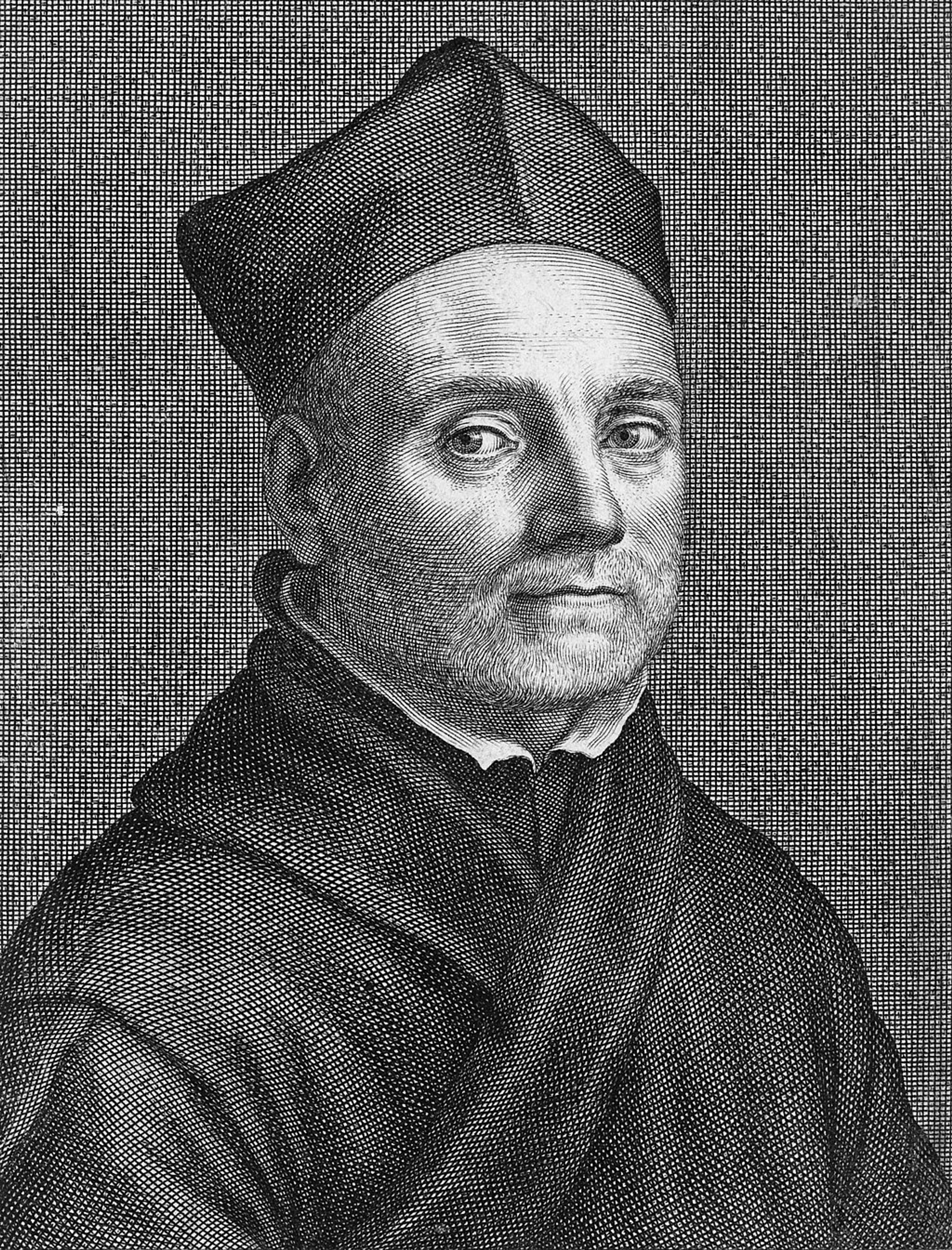 Black and white portrait of Athanasius Kircher, scholar of medicine, history, physics, astronomy, mathematics, linguistics, and comparative musicology, wearing robes.