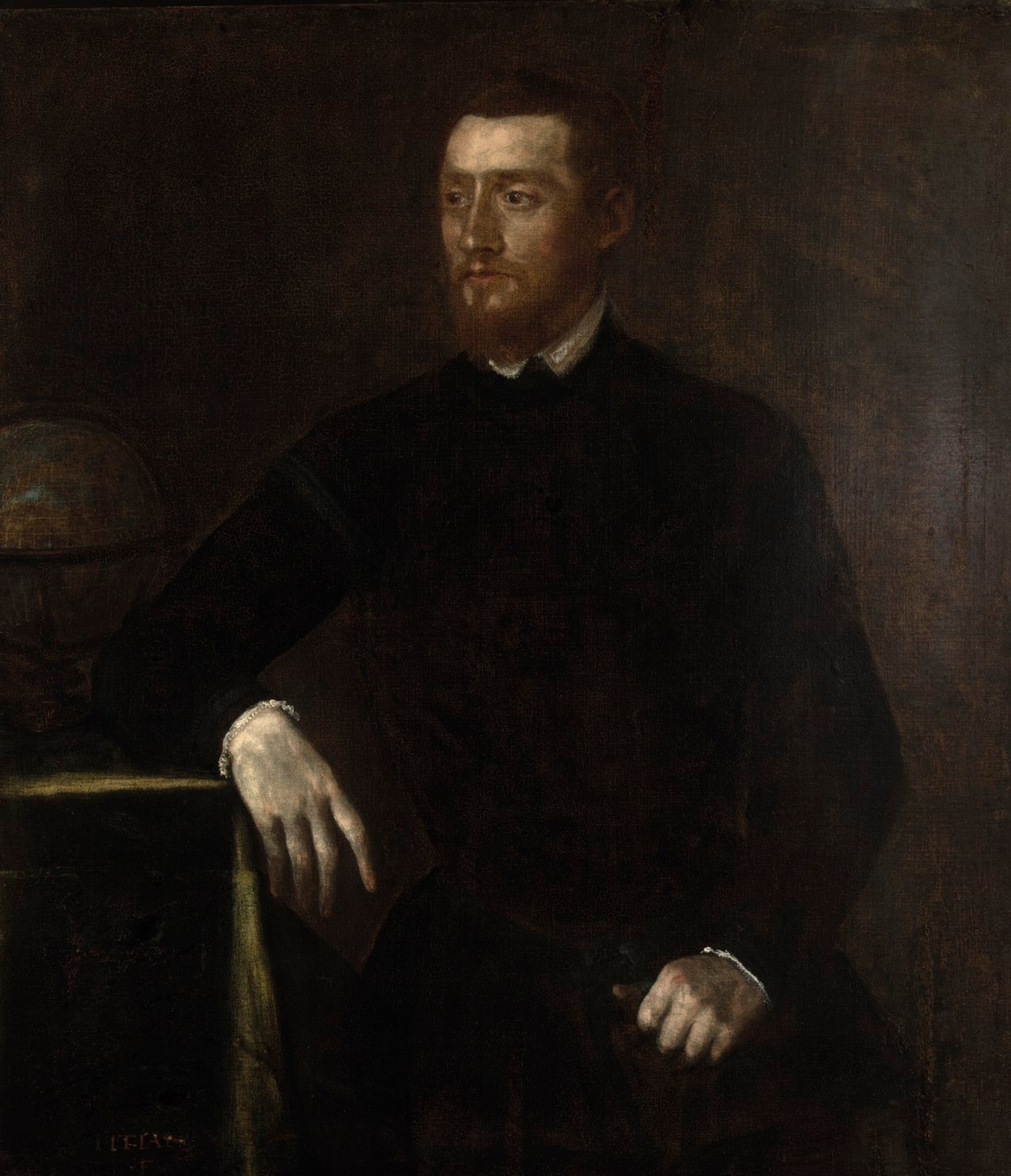 Colour portrait of Gerard Mercator, who's sat down with his right arm resting against a table with a globe in the background.