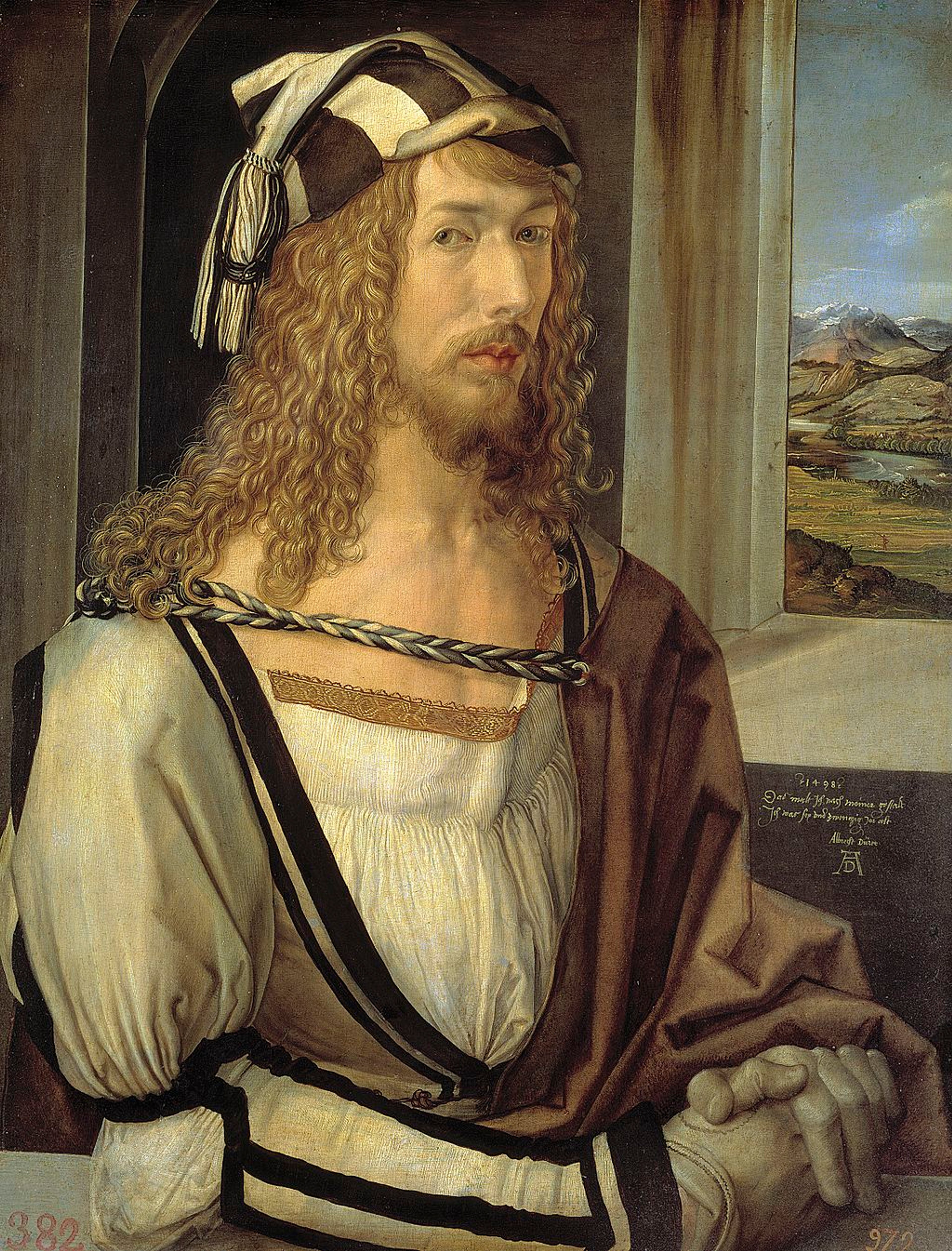 A painted portrait of Albrecht Dürer, a man with long blonde hair, who's sat in front of a window and wearing robes and a hat.