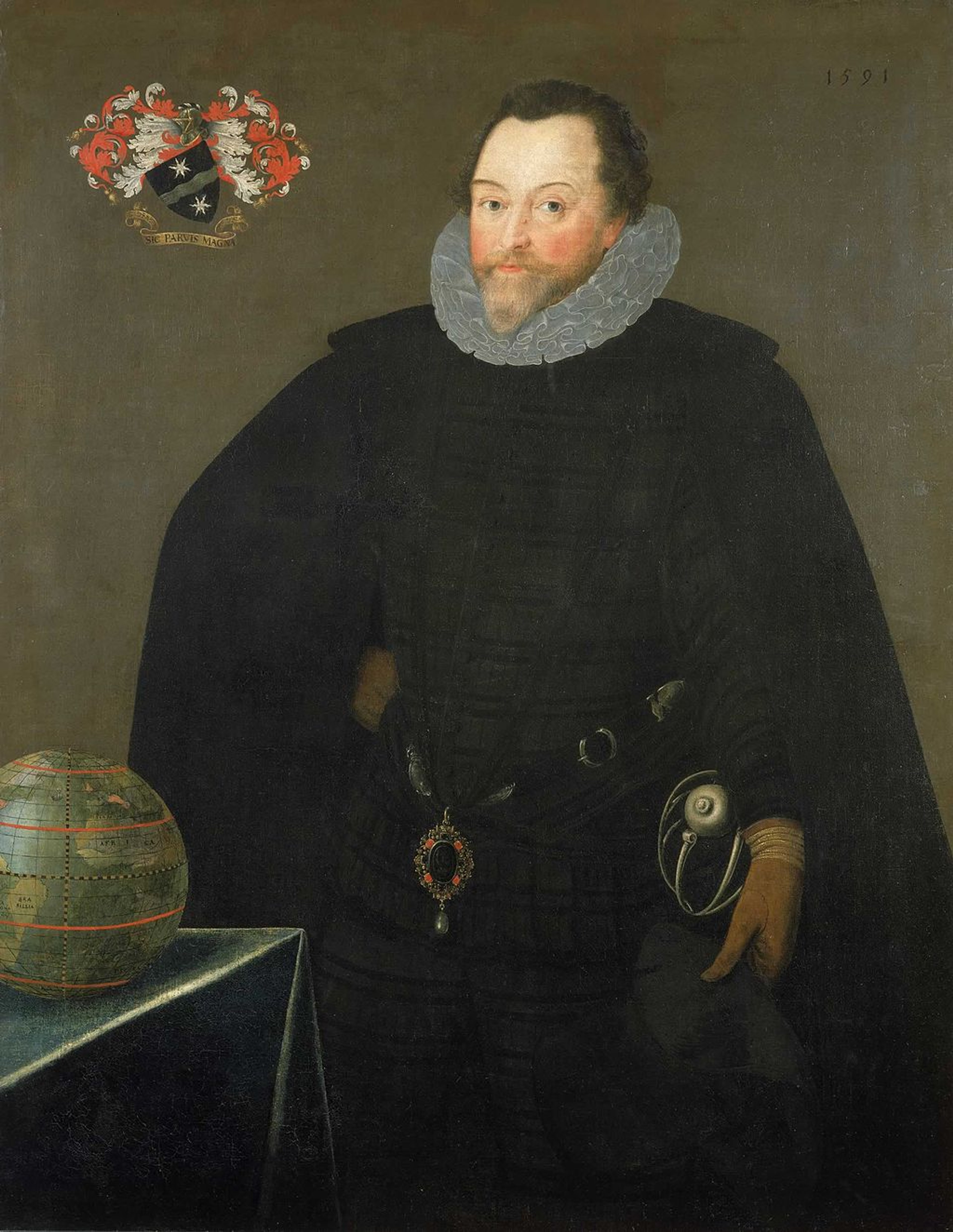 Colourful portrait of Francis Drake, a man who's wearing black robes with a short beard and stood beside a table with a globe. The portrait also features a coat of arms in the top left corner.